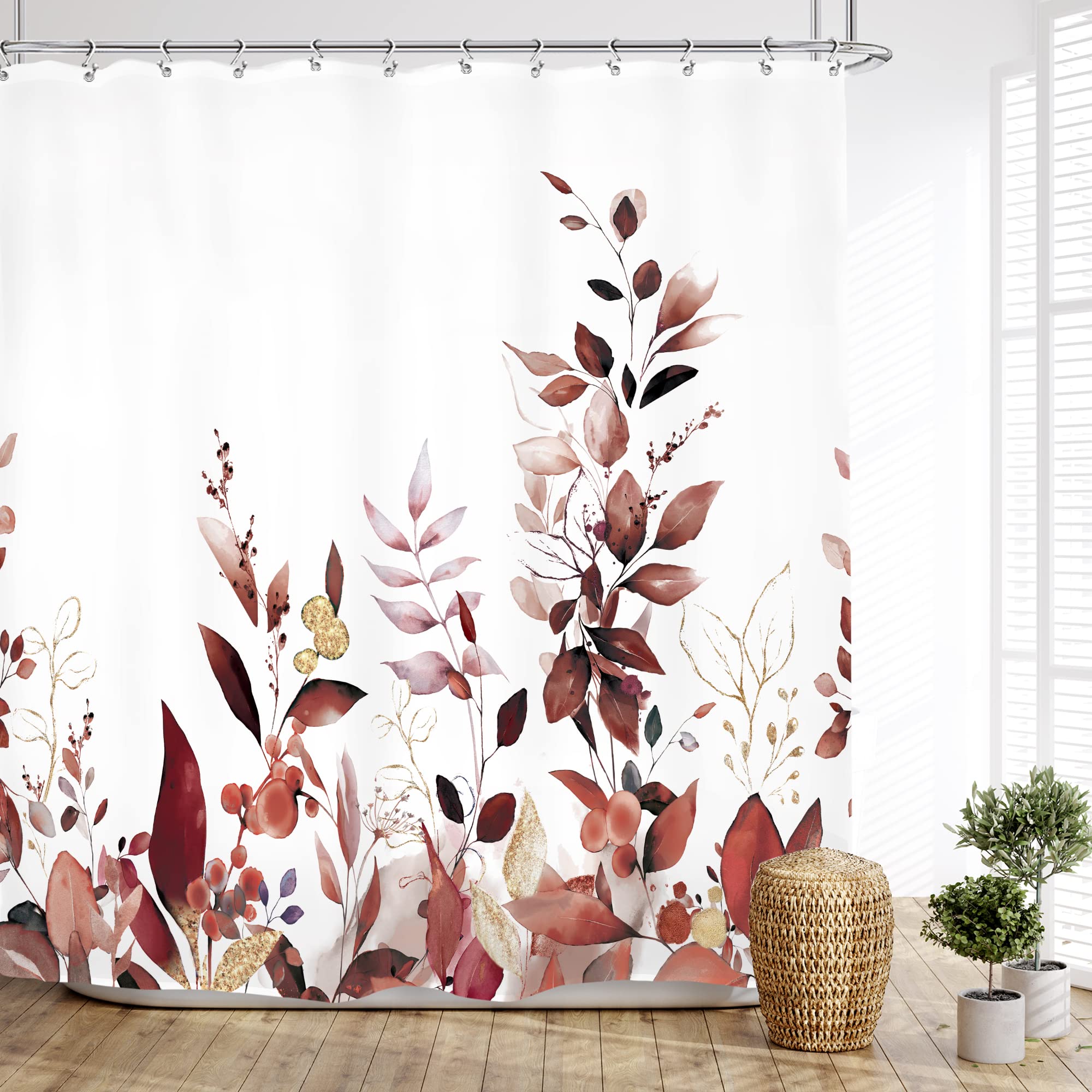 Glawry Burgundy Shower Curtain 60Wx72L Inches Watercolor Floral Leaves Botanical Plants Leaf Eucalyptus Bathroom Modern Maroon B