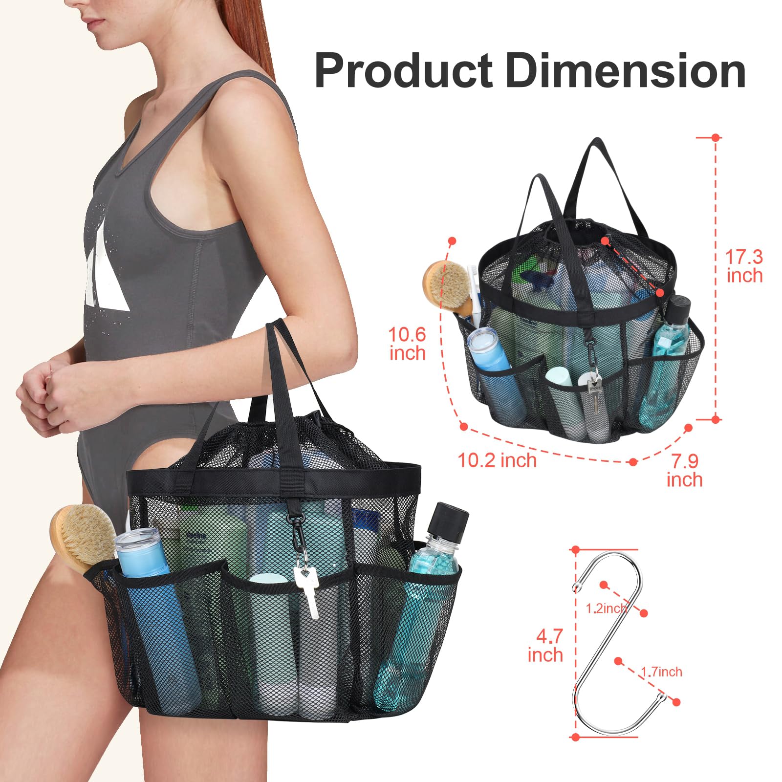 F-Color Mesh Shower Caddy Portable With Drawstring - Upgrade Deeper 7 Pockets Dorm Room Essentials For Guys Girls With S Hook, S