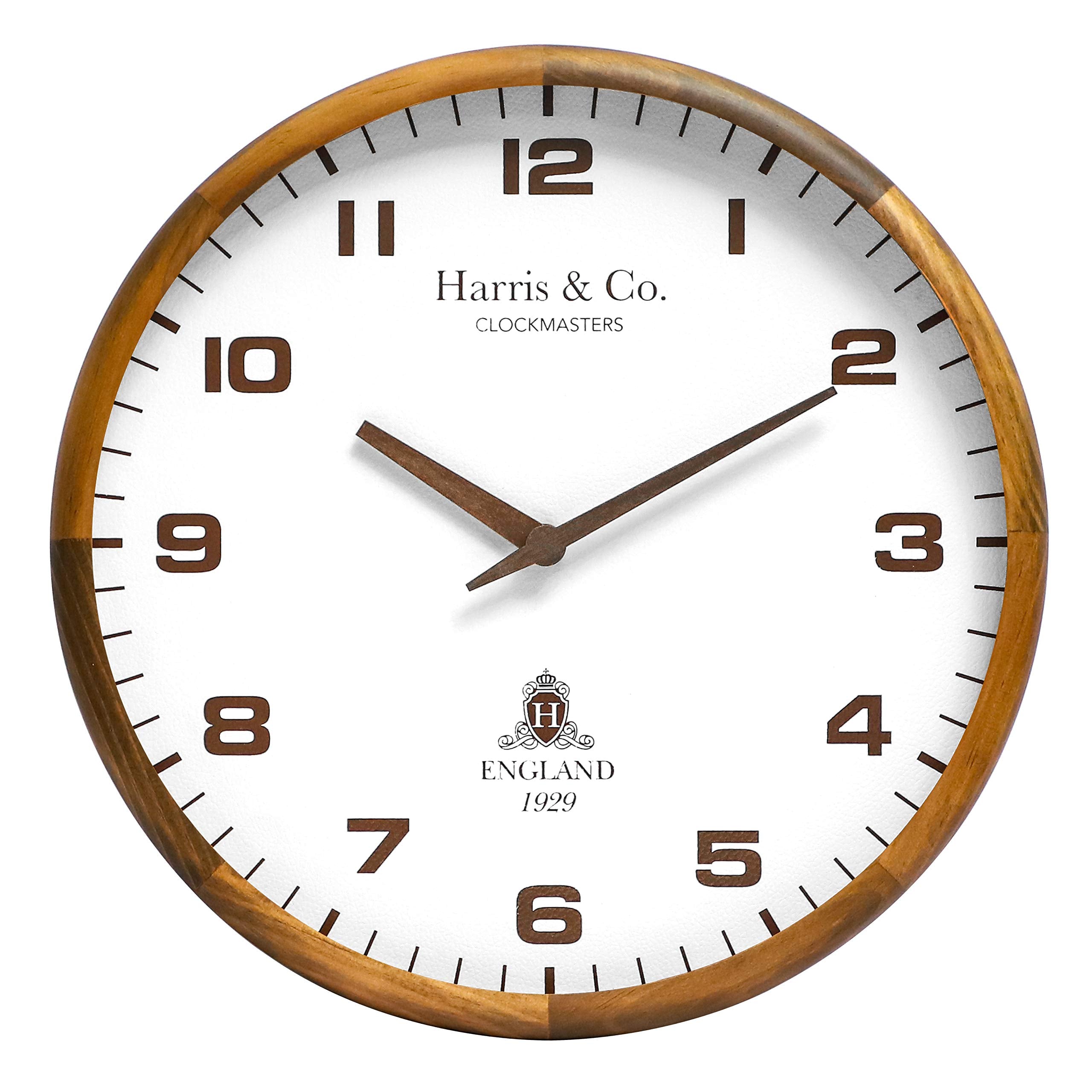 Harris & Co. Clockmasters Wooden Analog Wall Clock With Leather Dial And Wooden Hands,14 Inch, Silent Sweep Noiseless Technology