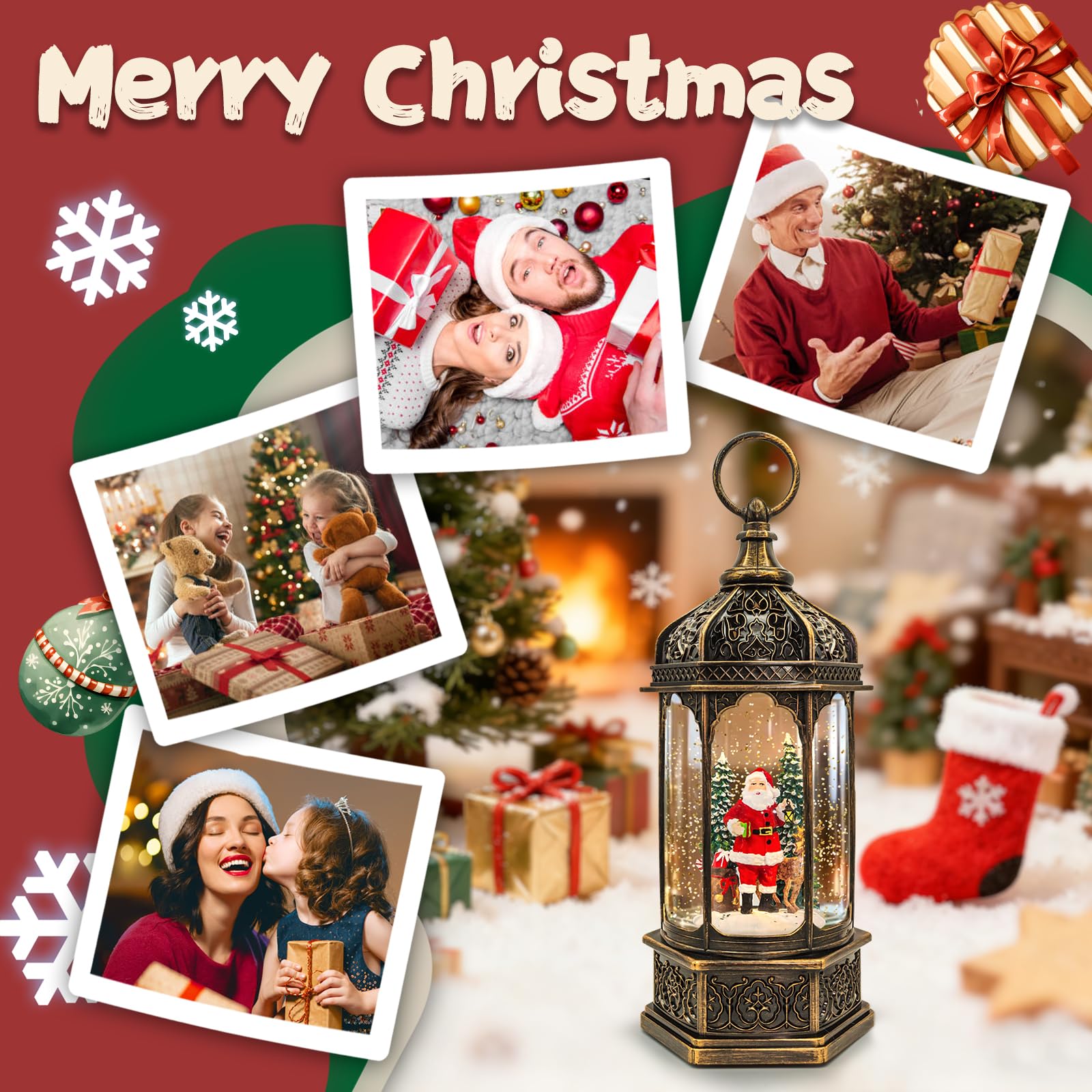 Christmas Snow Globes Lantern, Santa Claus & Deer Christmas Decorations Indoor, 6H Timer Battery & USB Powered Light Up Musical