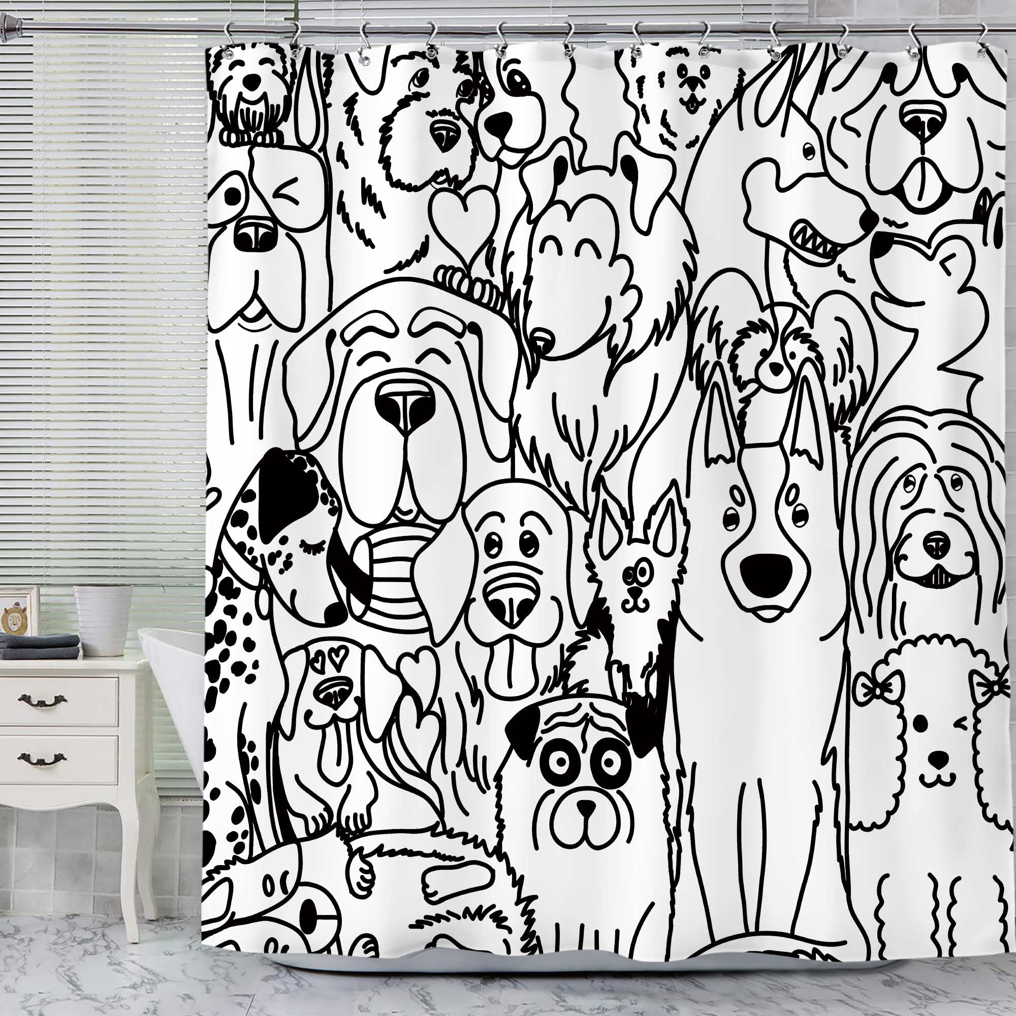 SVBright Funny Cute Dog Shower Curtain 60Wx72L Inch Cartoon Black and White Lovely Animals Silhouette for Kids Kawaii Cool Rustic 12 Pack Hooks Polyester Waterproof Fabric Bathroom Bathtub Panels
