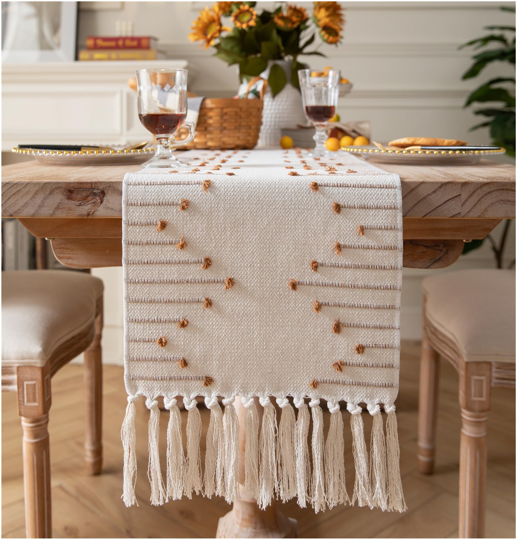 Boho Table Runner 13 x 60 Inch Long Natural Cotton Woven Runner with Tassels for Home Dining Table d  cor, for Modern Farmhouse 