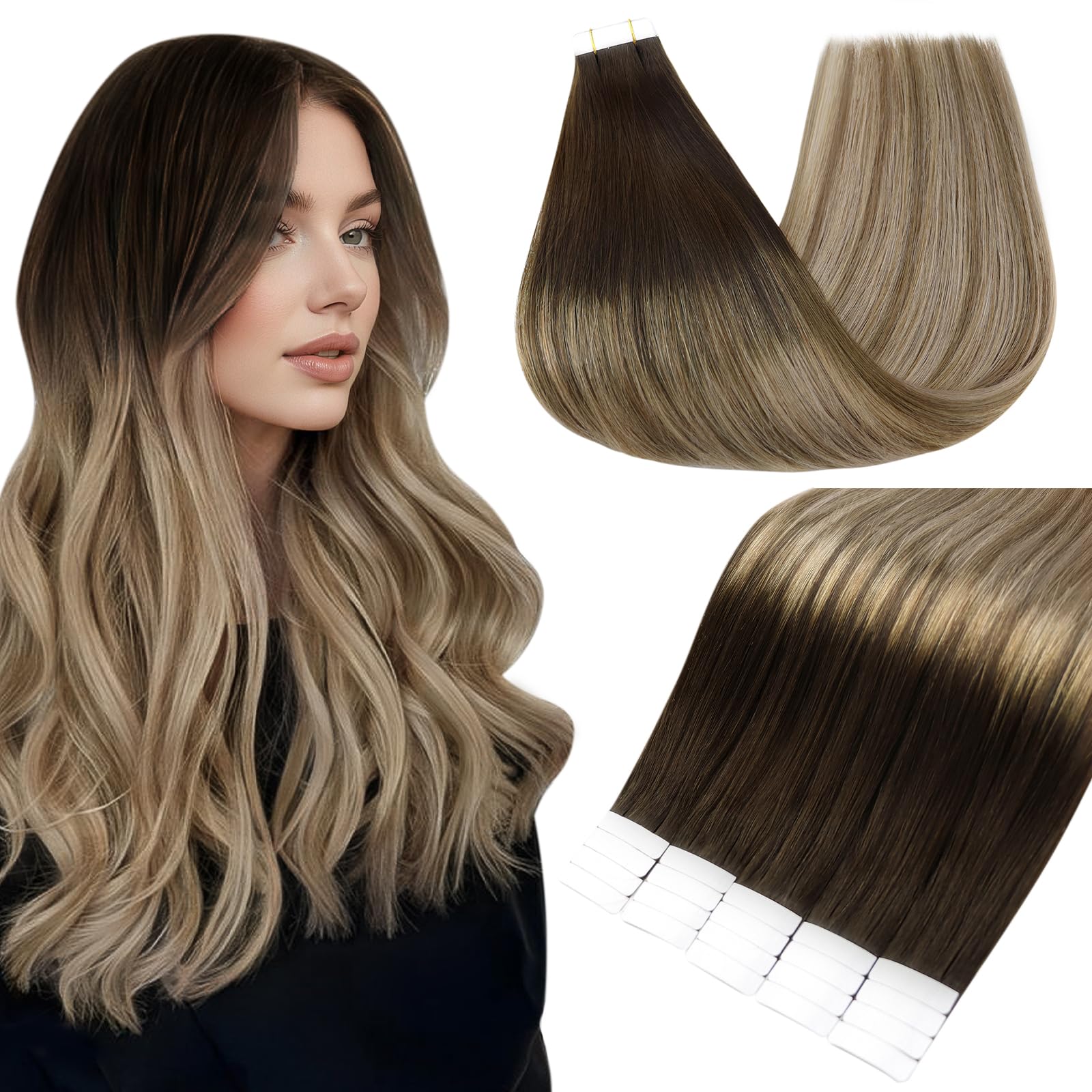 Fshine Human Hair Tape In Hair Extensions 18 Inch Balayage Color 2 Darkest Brown Fading To 6 And 18 Ash Blonde Tape Hair Extensi