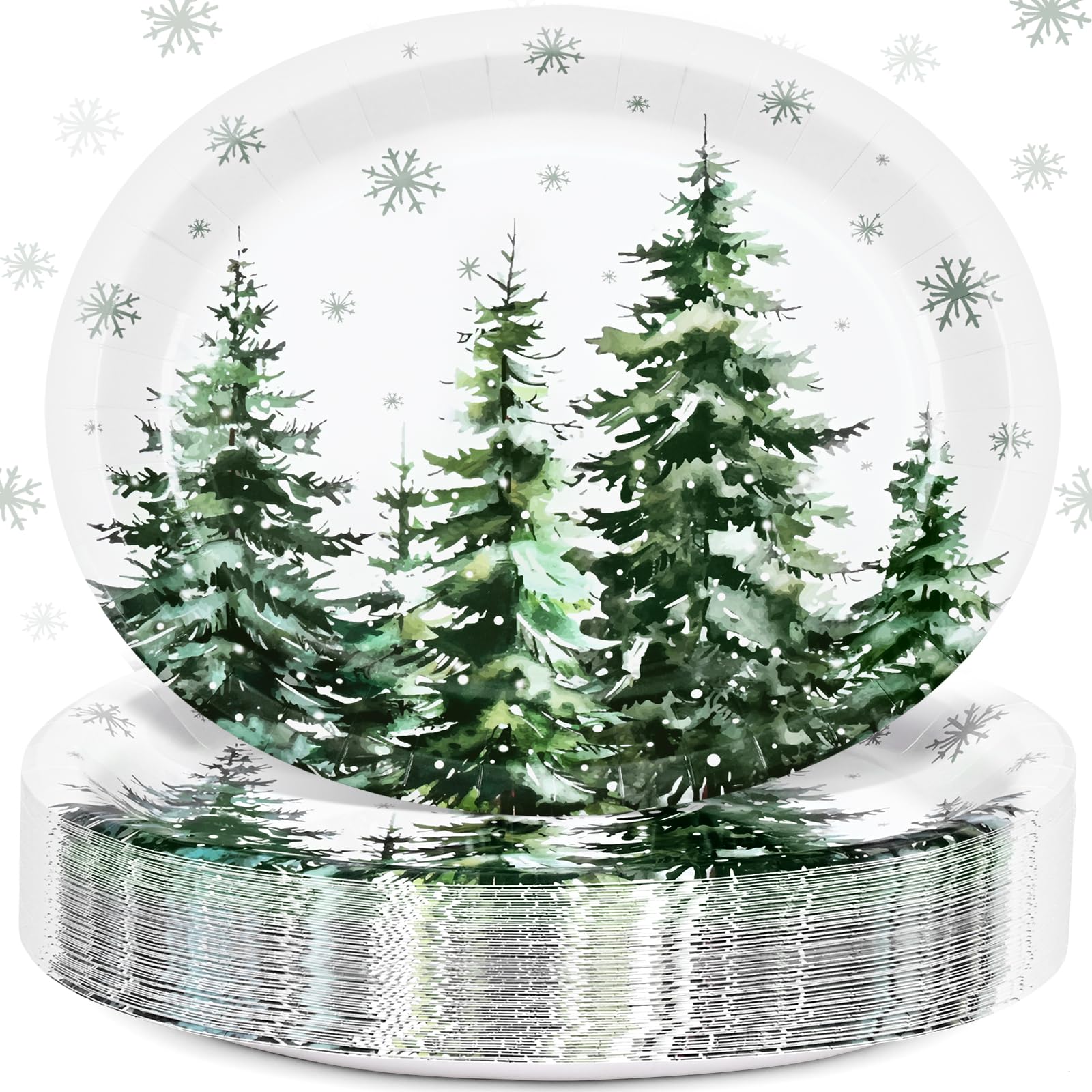 Homlouue 50 PCS Christmas Tree Oval Paper Plates, 12 x 10 Christmas Plates Disposable, Watercolor Cedar Snowflake Holiday Paper 
