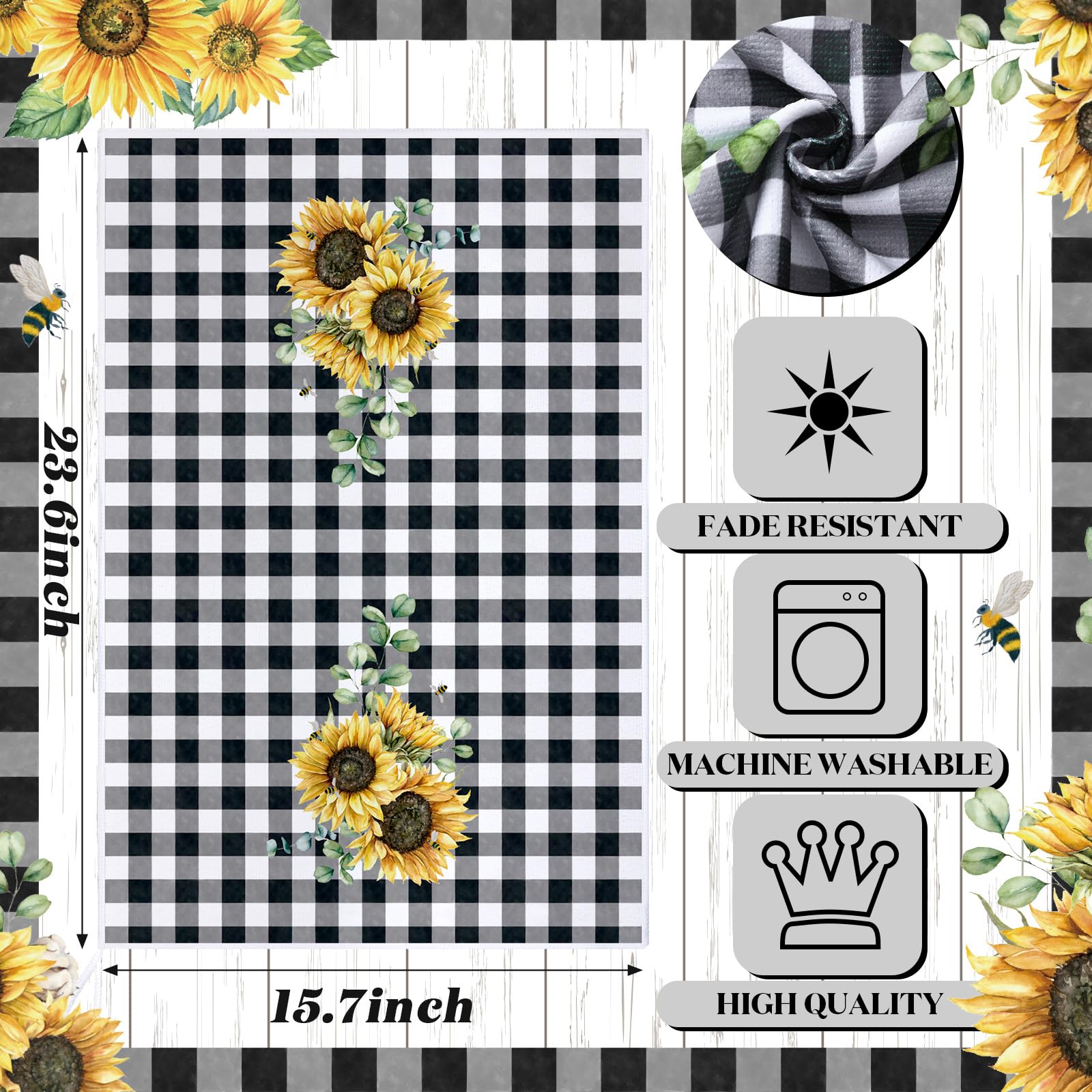 Bencailor 4 Pcs Sunflower Kitchen Towels Black and White Buffalo Plaid Flower Floral Hand Dish Towels Fast Drying Absorbent Hous