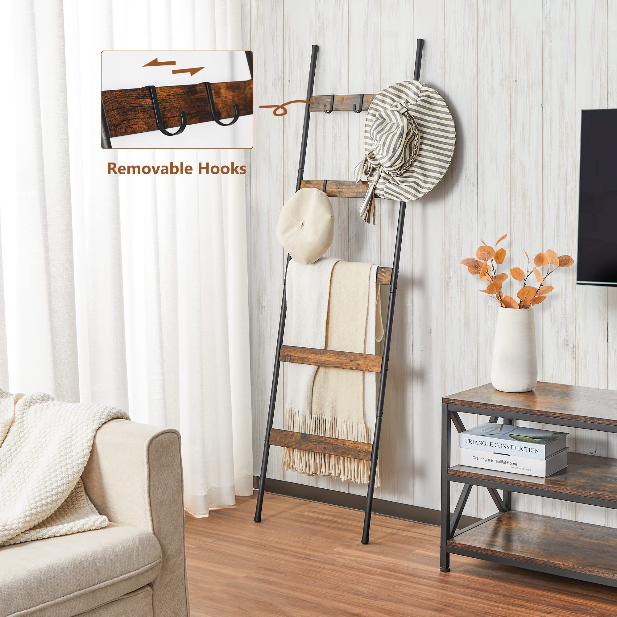 Elyken Blanket Ladder For Living Room, Farmhouse 5 -Tier Quilt Holder With 4 Removable Hooks For Bathroom, Wood Towel Rack Displ