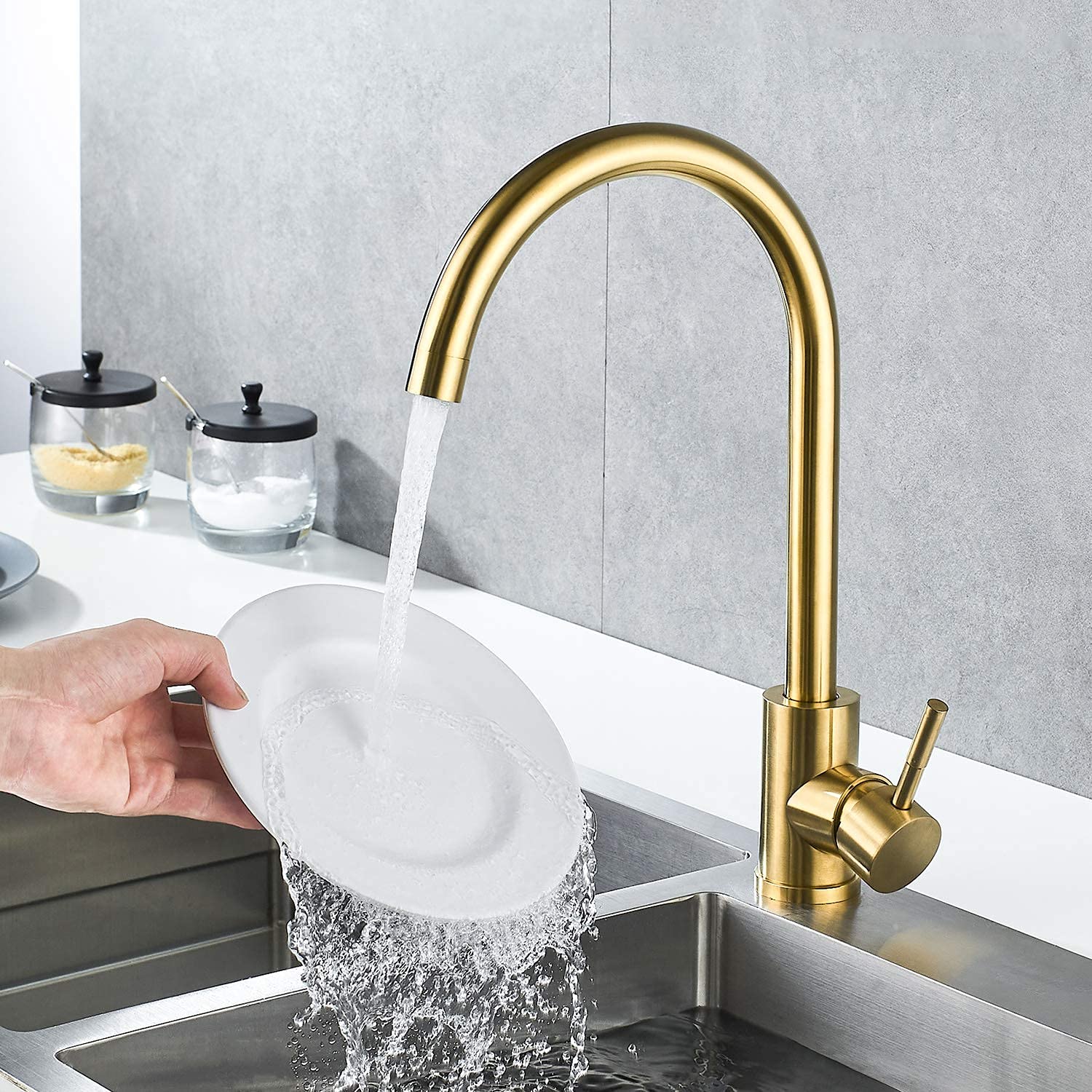 Kohonby Single Handle High Arc Brushed Gold Kitchen Faucet Stainless Steel Commercial Single Hole Kitchen Sink Faucet,Modern One
