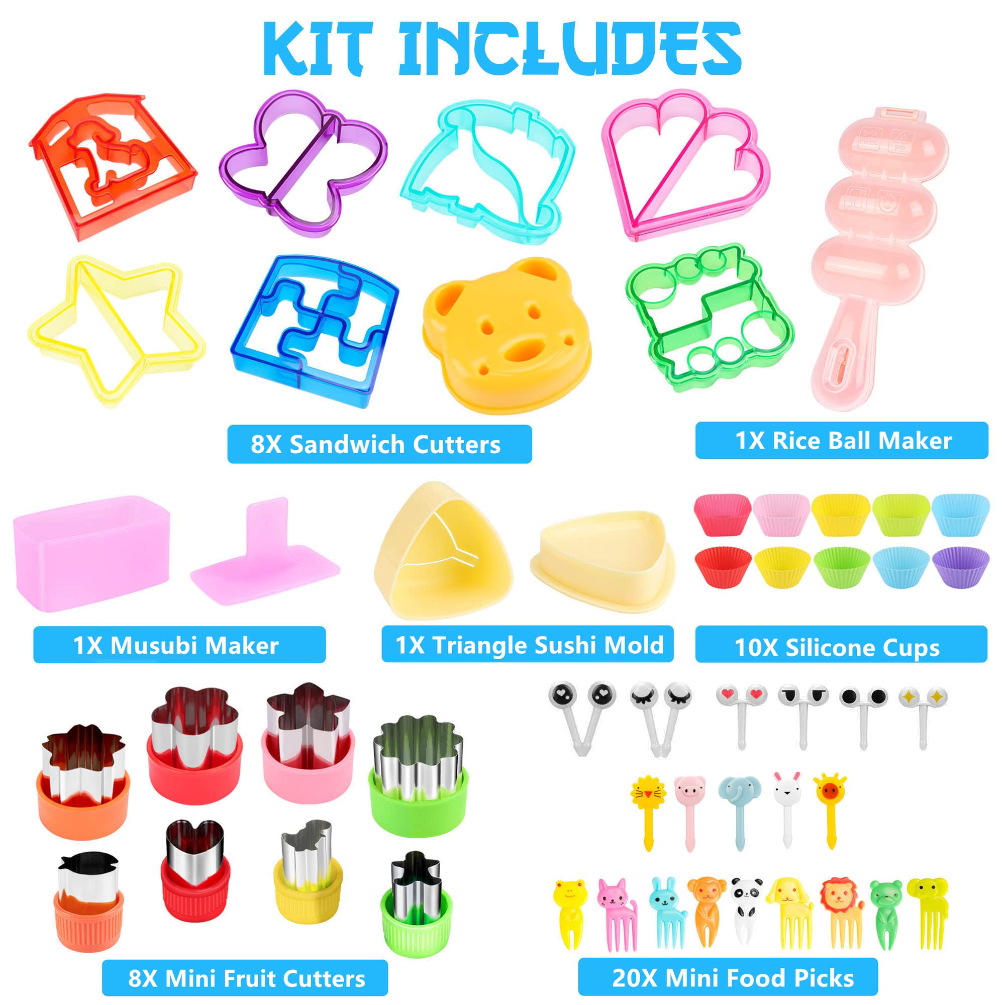 Fungyand Sandwich Cutter Set, 52 In 1 Bento Box Accessories Kit Includes Sandwich Cutters, Fruit Cutter, Food Picks, Silicone Cu