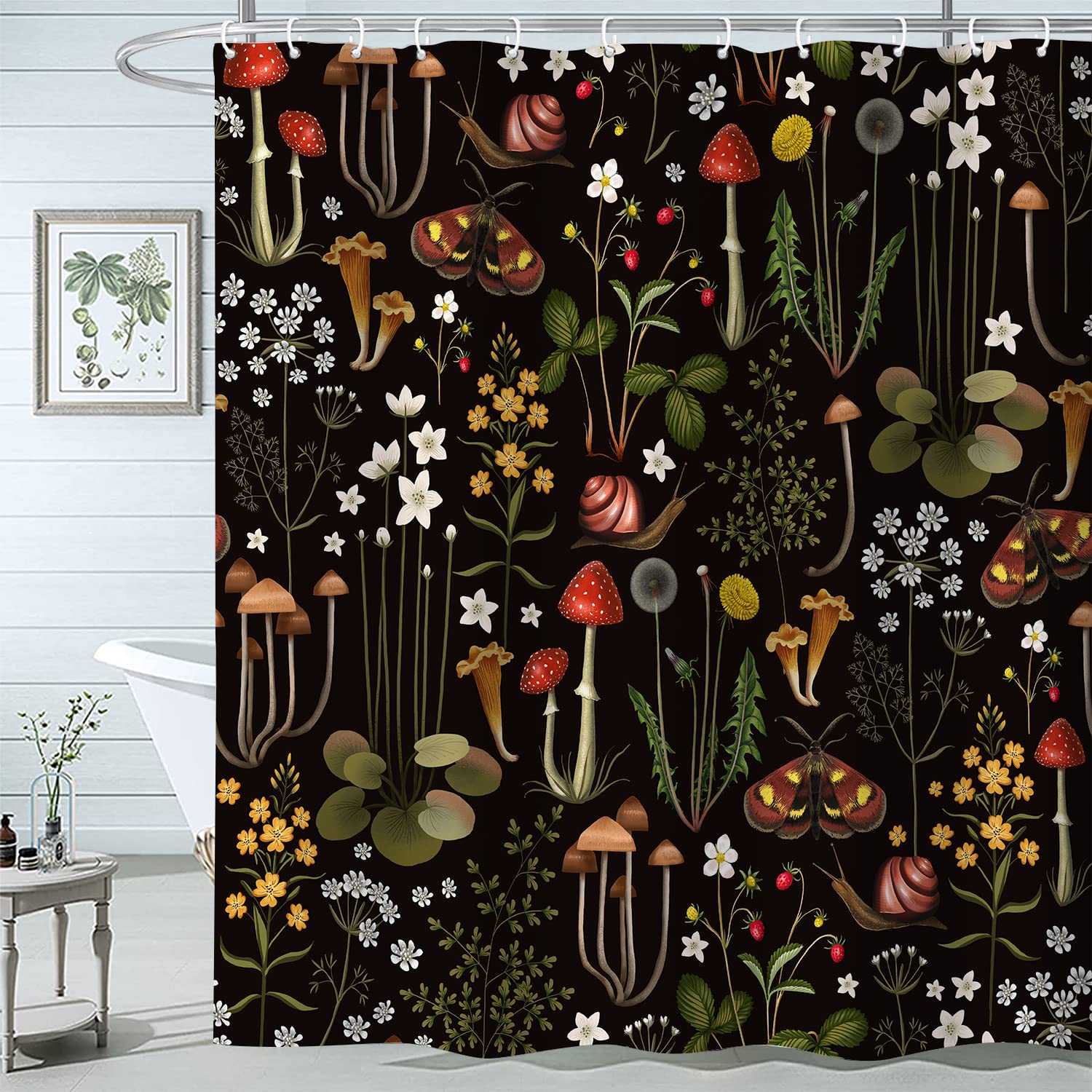 Emwnodti Retro Mushroom Shower Curtain For Bathroom, Fairy Forest Flowers Plants On Black Background Bath Curtains, Vintage Bota