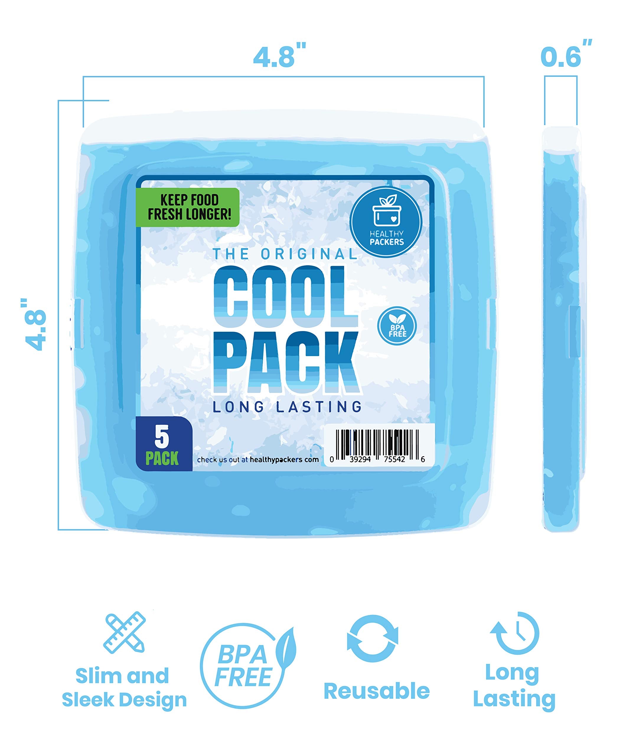 Healthy Packers Ice Pack For Lunch Box - 5 Ice Packs - Original Slim & Long-Lasting Freezer Packs For Your Lunch Or Cooler Bag
