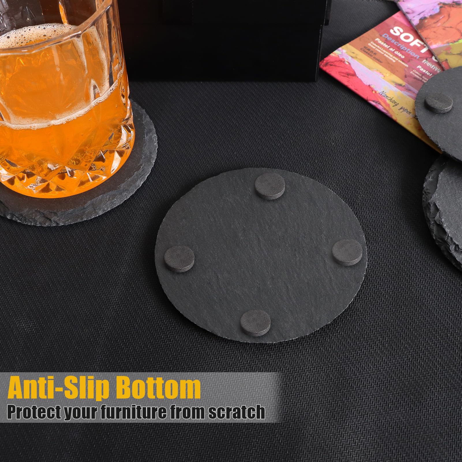 12 Pack Slate Drink Coasters With Metal Holder, Vibratite 4 Inch Black Stone Coasters Bulk With Anti-Scratch Bottom For Drink Co