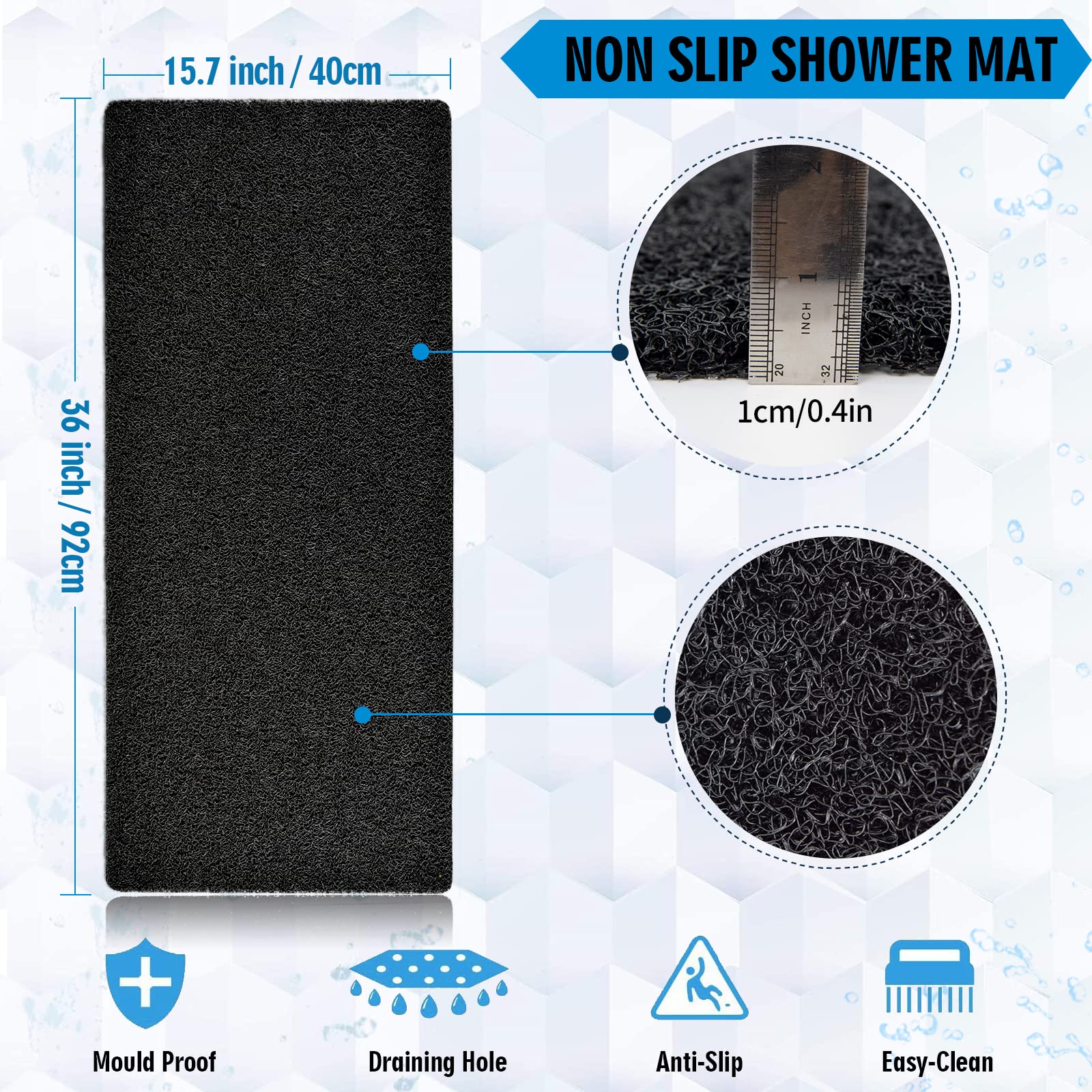 Non Slip Bathtub Mat, 15.7   36 Inch, Pvc Loofah Bathroom Mats, Loofah Mats For Shower And Bathroom, Quick Drying, Black
