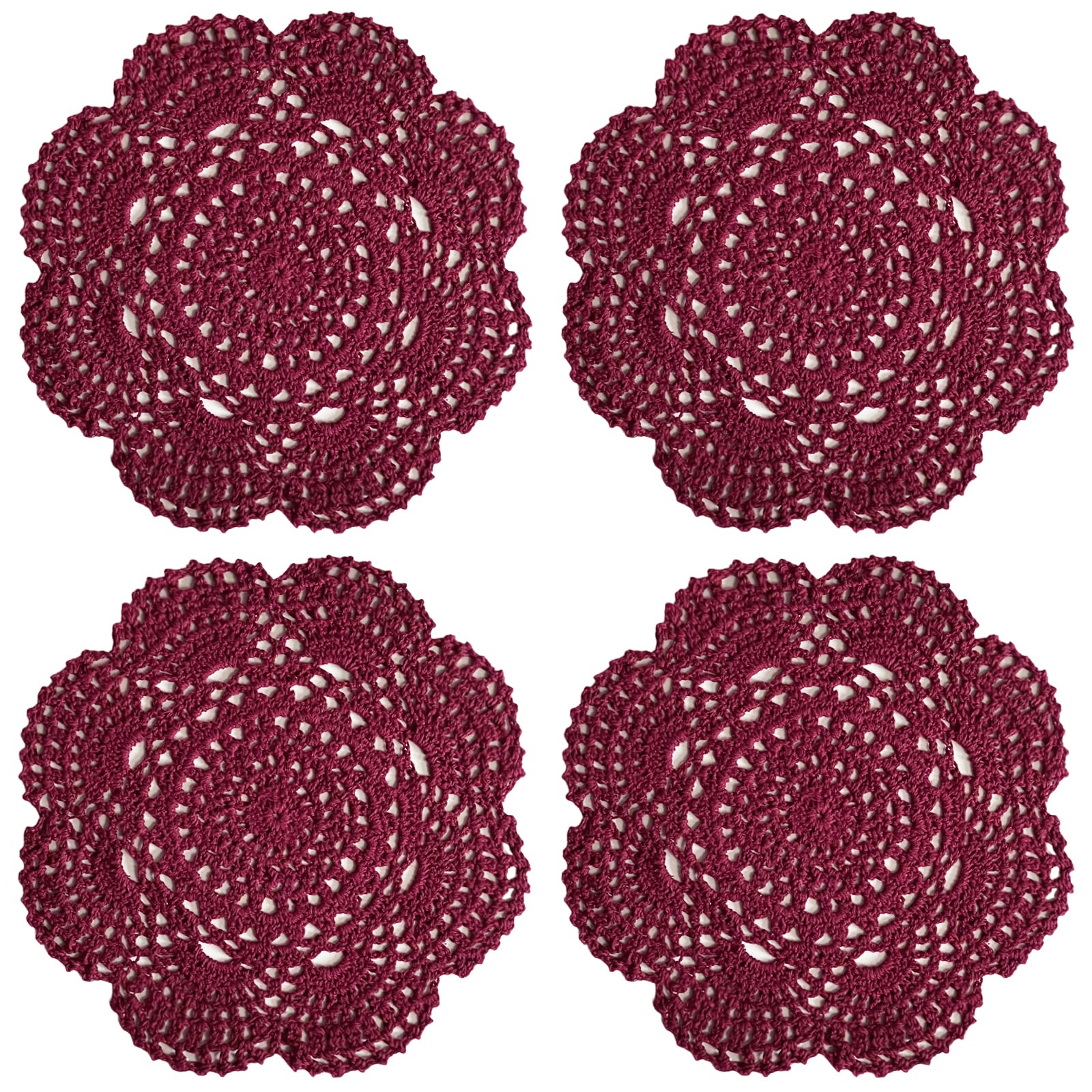 Phantomon 8 Inch Doilies Crochet Round Lace Doily Handmade Placemats 100% Cotton Crocheted Coasters, Pack Of 4 (Burgundy)