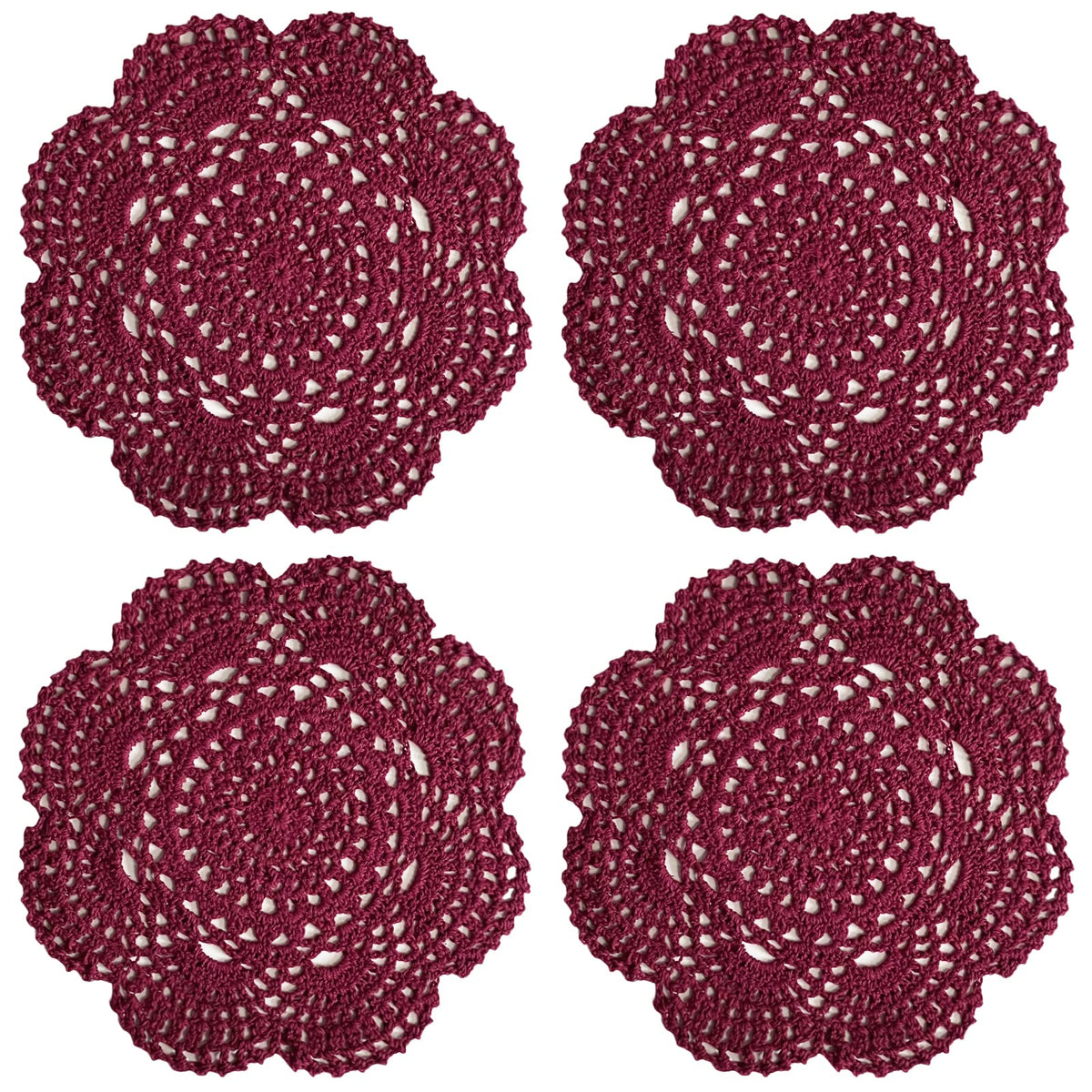 Phantomon 8 Inch Doilies Crochet Round Lace Doily Handmade Placemats 100% Cotton Crocheted Coasters, Pack Of 4 (Burgundy)