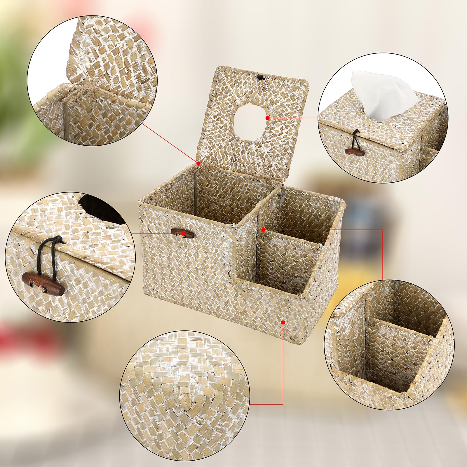 Sumnacon Tissue Box Cover-Square Woven Tissue Box Organizer For Desk Rustic Seagrass Tissue Box Holder With Side Organizer Decor