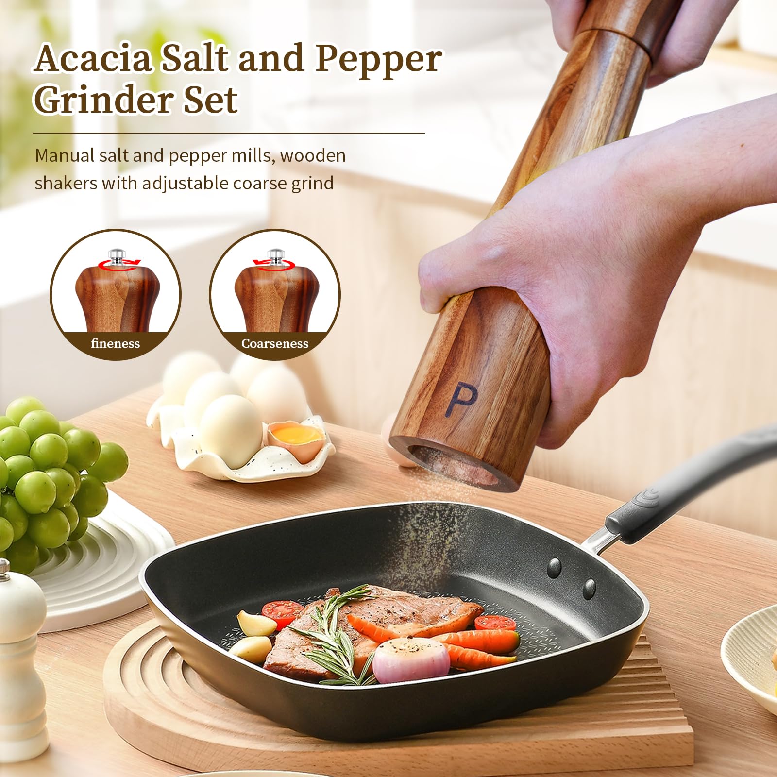2 Pack 10 Inch Acacia Wooden Salt and Pepper Grinder Set, Manual Salt and Pepper Mills, Salt Grinder Refillable with Adjustable