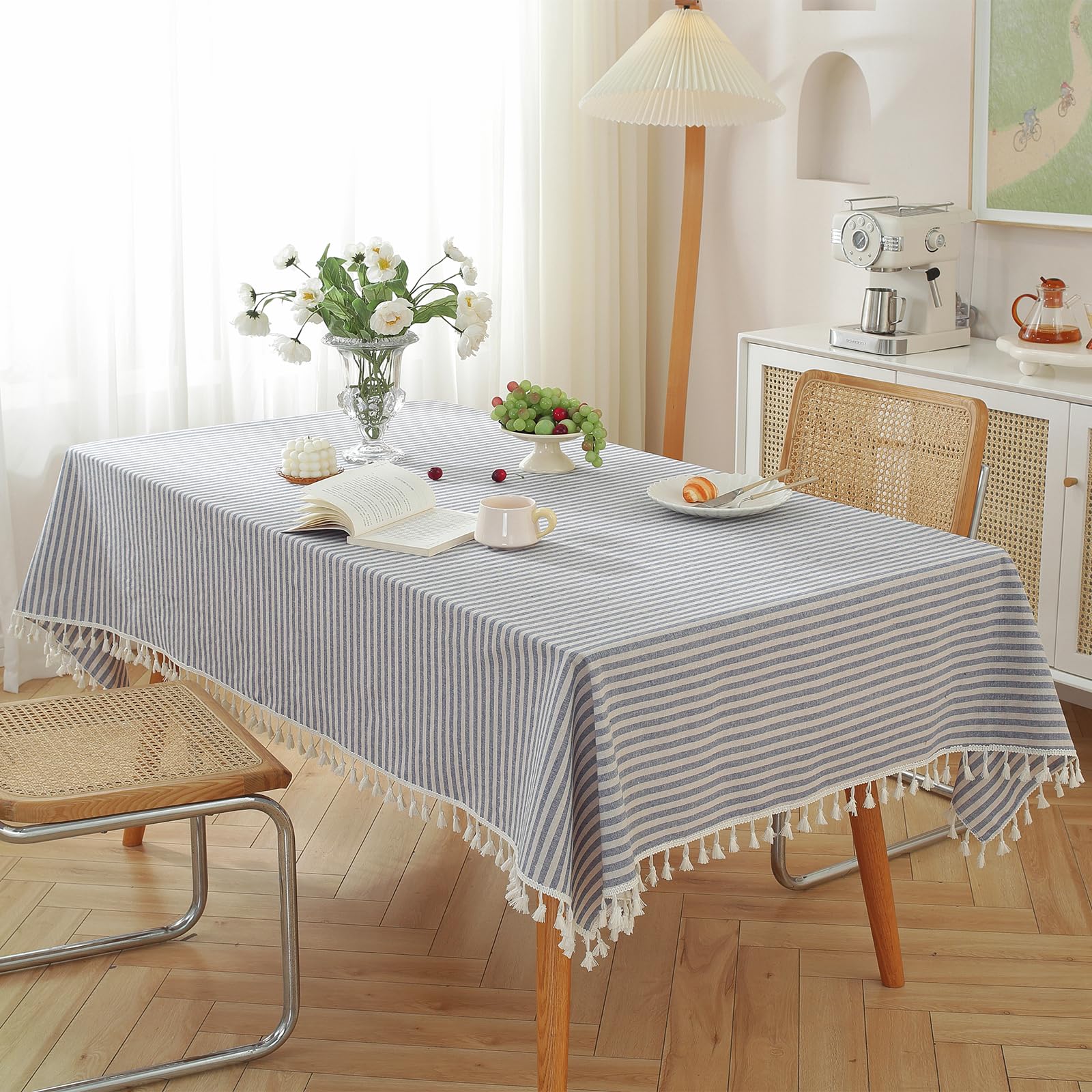 Meioro Table Cloth Blue White Striped Tablecloth With Tassels Cotton Linen Dust-Proof Table Cover For Dining Buffet Kitchen Picn