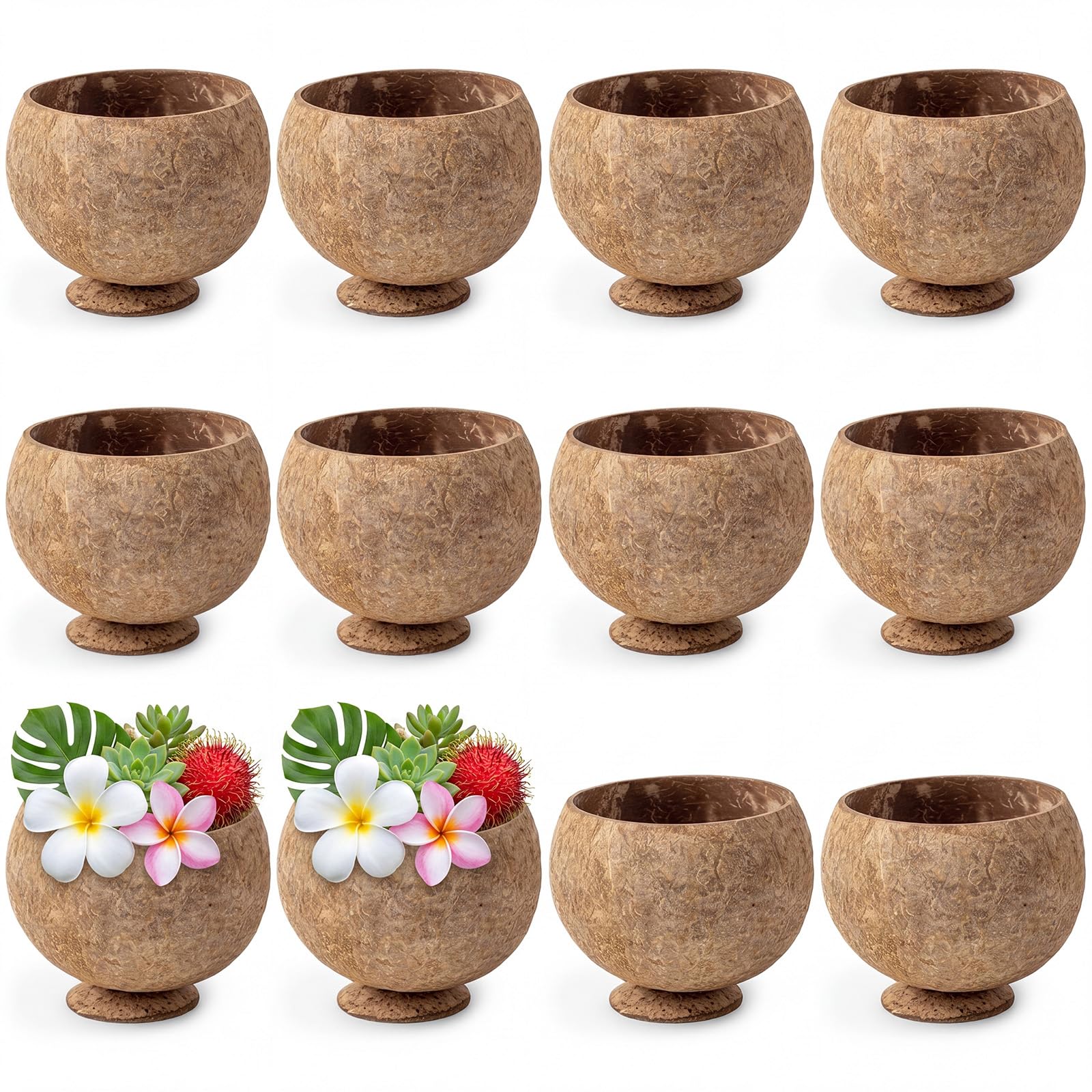 Hushee 12 Pcs Natural Coconut Shell Cups for Party Real Coconut Bowls for Hawaiian Luau Party Supplies, Tropical Tiki Decoration