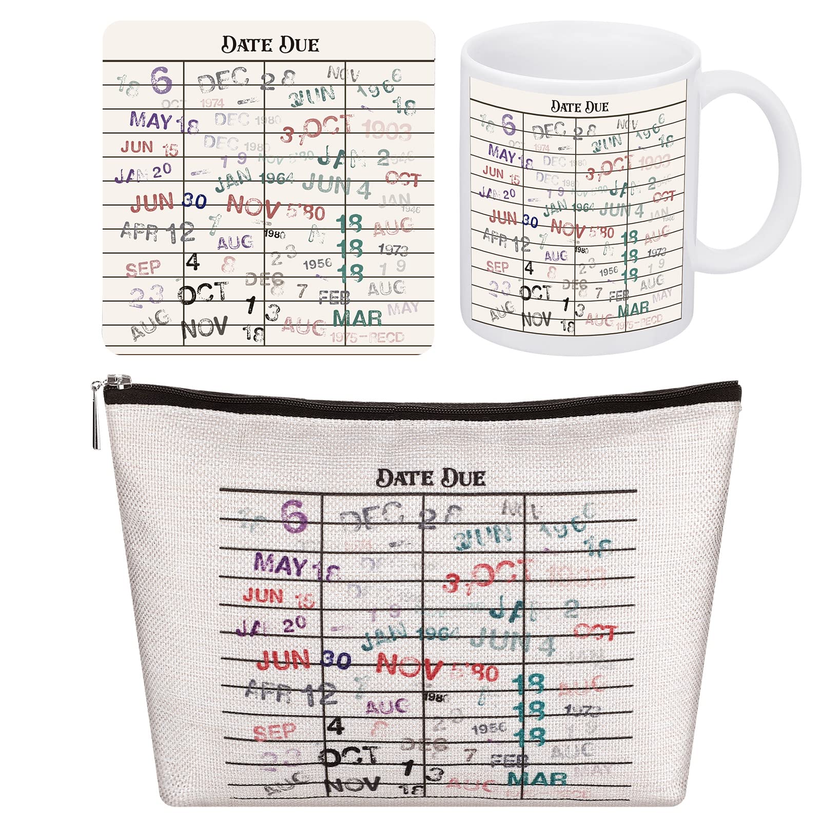 Newtay 3 Pcs Funny Librarian Gift Set, Including Due Date Card Coffee Mug, Vintage Due Date Coaster And Library Toiletry Bag For
