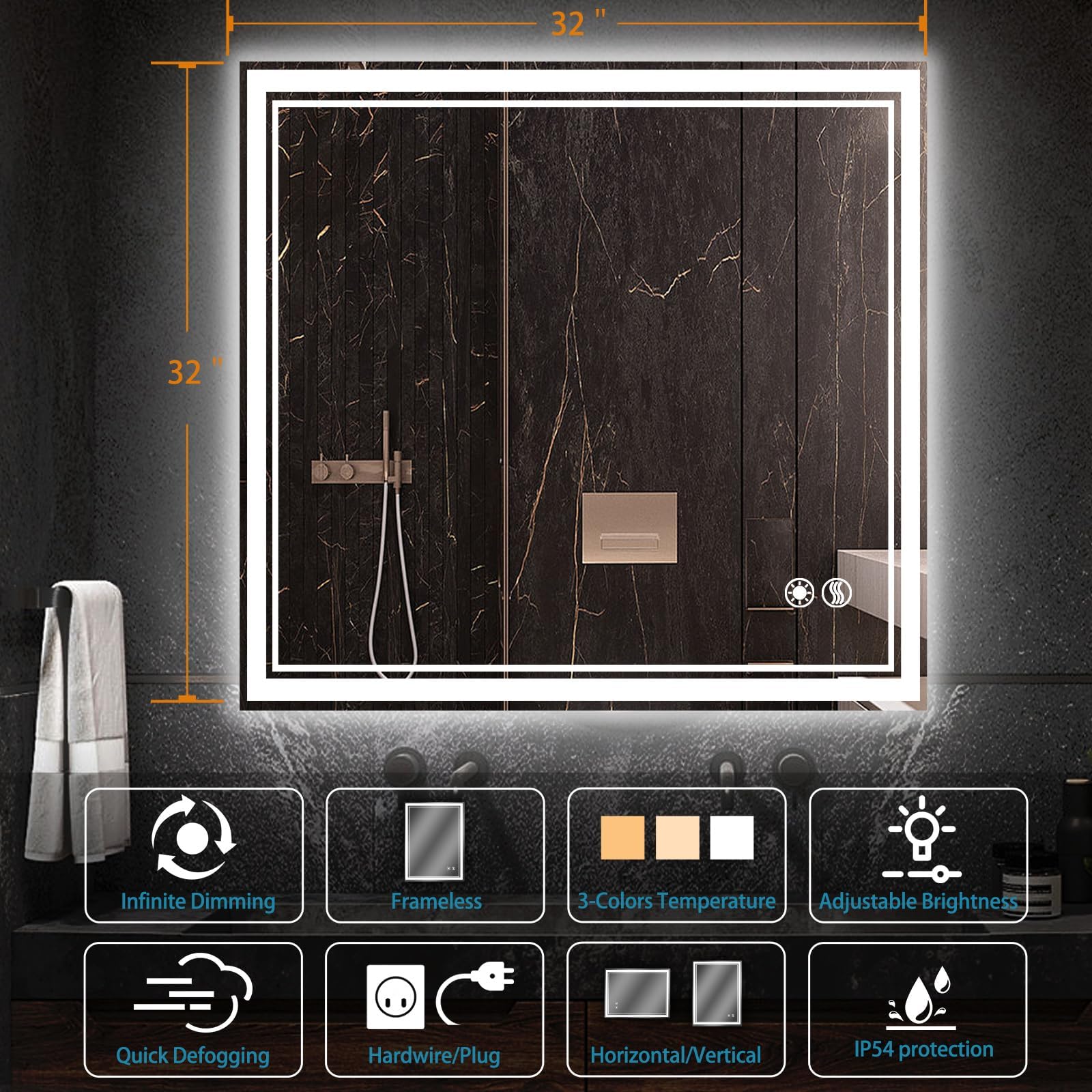 Getovin 32 X 32'' Led Bathroom Mirror Fogless Bathroom Mirror With Led Lights Stepless Dimmable 3 Colors Front And Backlit Led M