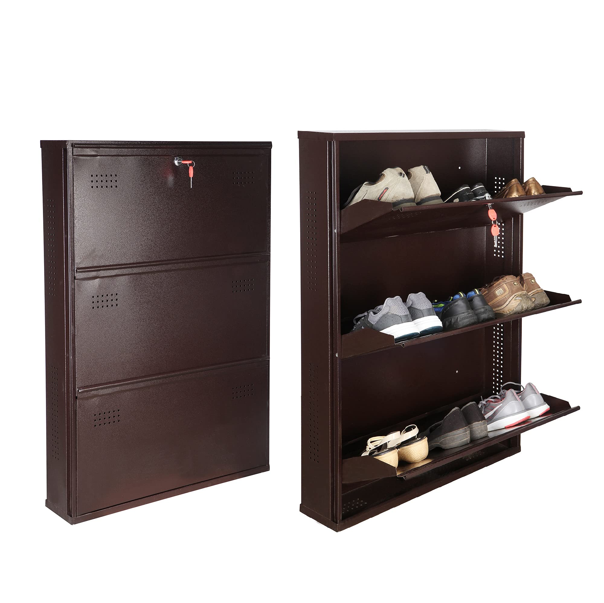 Laxmi Kapat 3 Door Metal Shoe Rack Wall Mounted For Home With Central Locking, Can Hold Upto 15 Shoes Pair, 3 Year Warranty (41 
