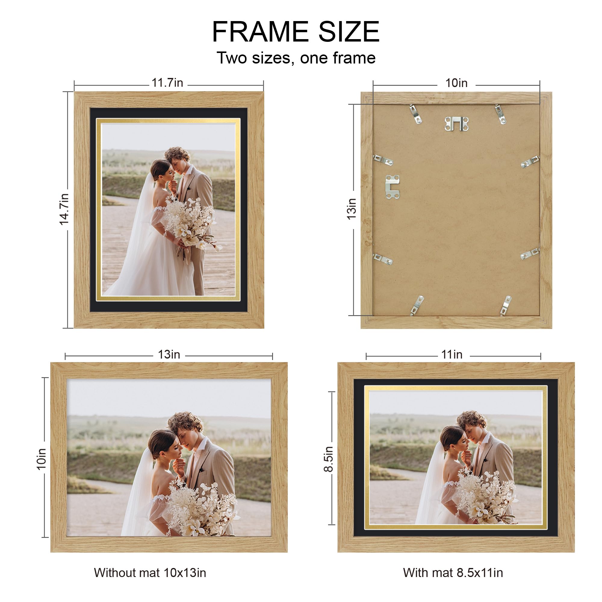 Hongkee 10x13 Picture Frame Set of 4, Made of Real Glass and Natural Oak Frame, 10 by 13 Photo for Wall or Tabletop - Display Pi