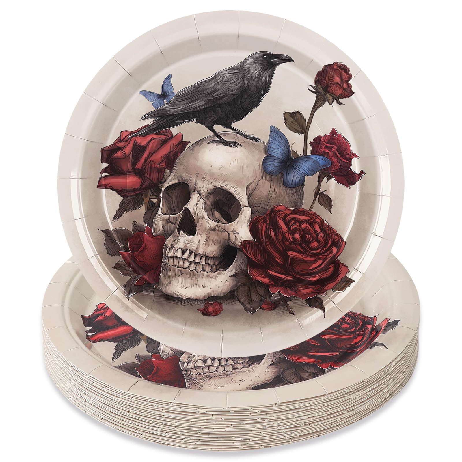 JarThenaAMCS 50 Pcs Halloween Vintage Paper Plates Retro Skull Rose Crow Gothic Disposable Plates 9 Inch Party Tableware for Tri