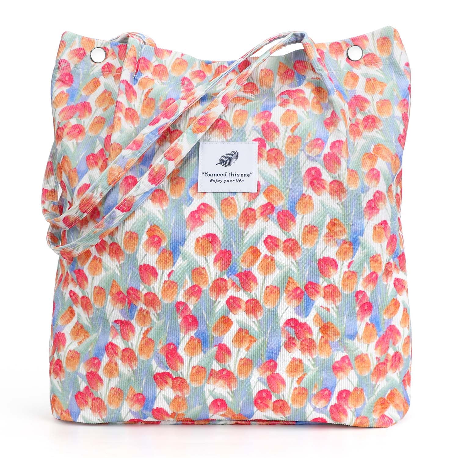 Lhmtqvk Corduroy Tote Bags For Women, Large Capacity Corduroy Bag Reusable Grocery Shoulder Bag With Inner Pockets(Tulips)