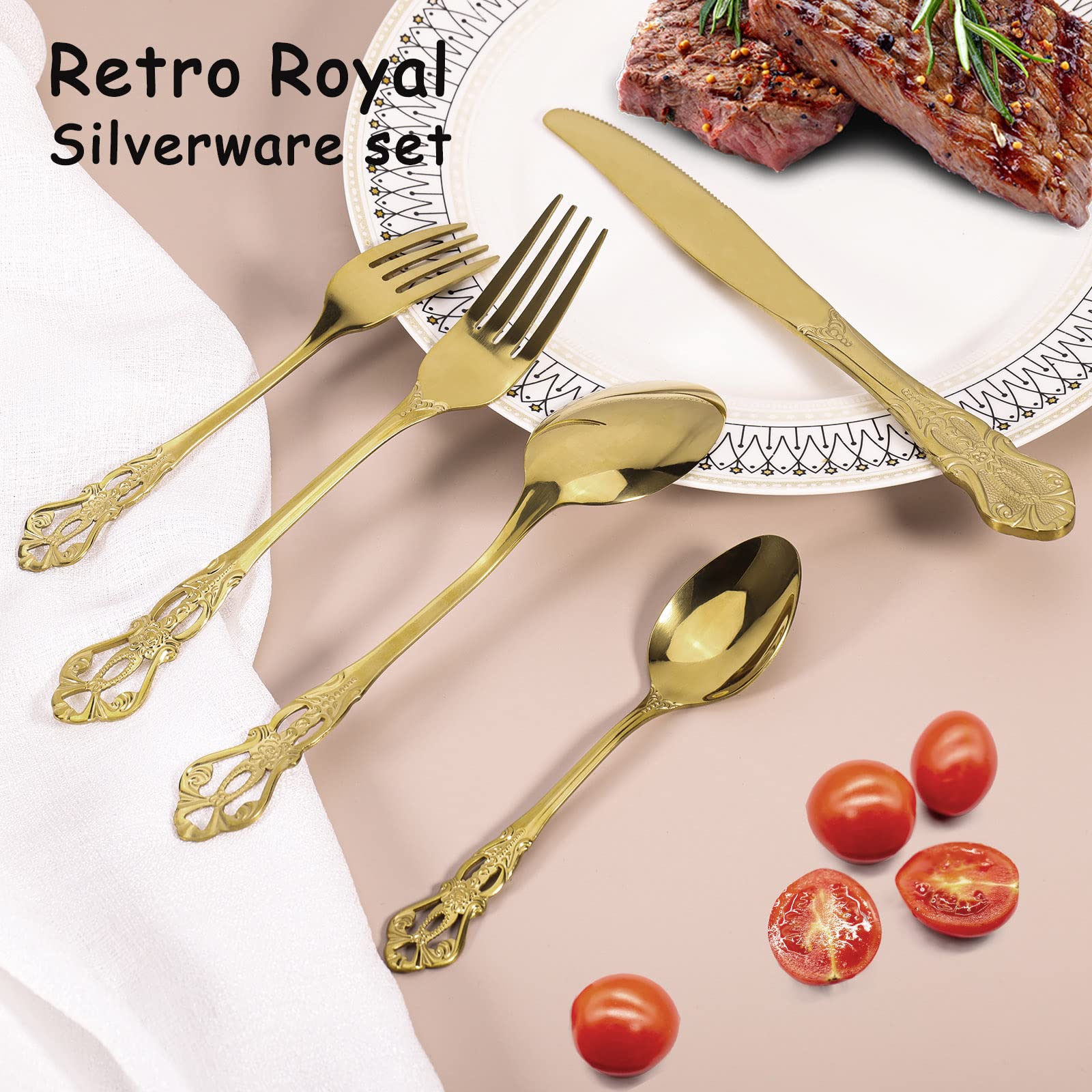 Gold Silverware Set For 4, Stainless Steel Gorgeous Retro Royal Flatware Set, 20-Pieces Cutlery Tableware Set, Kitchen Utensils