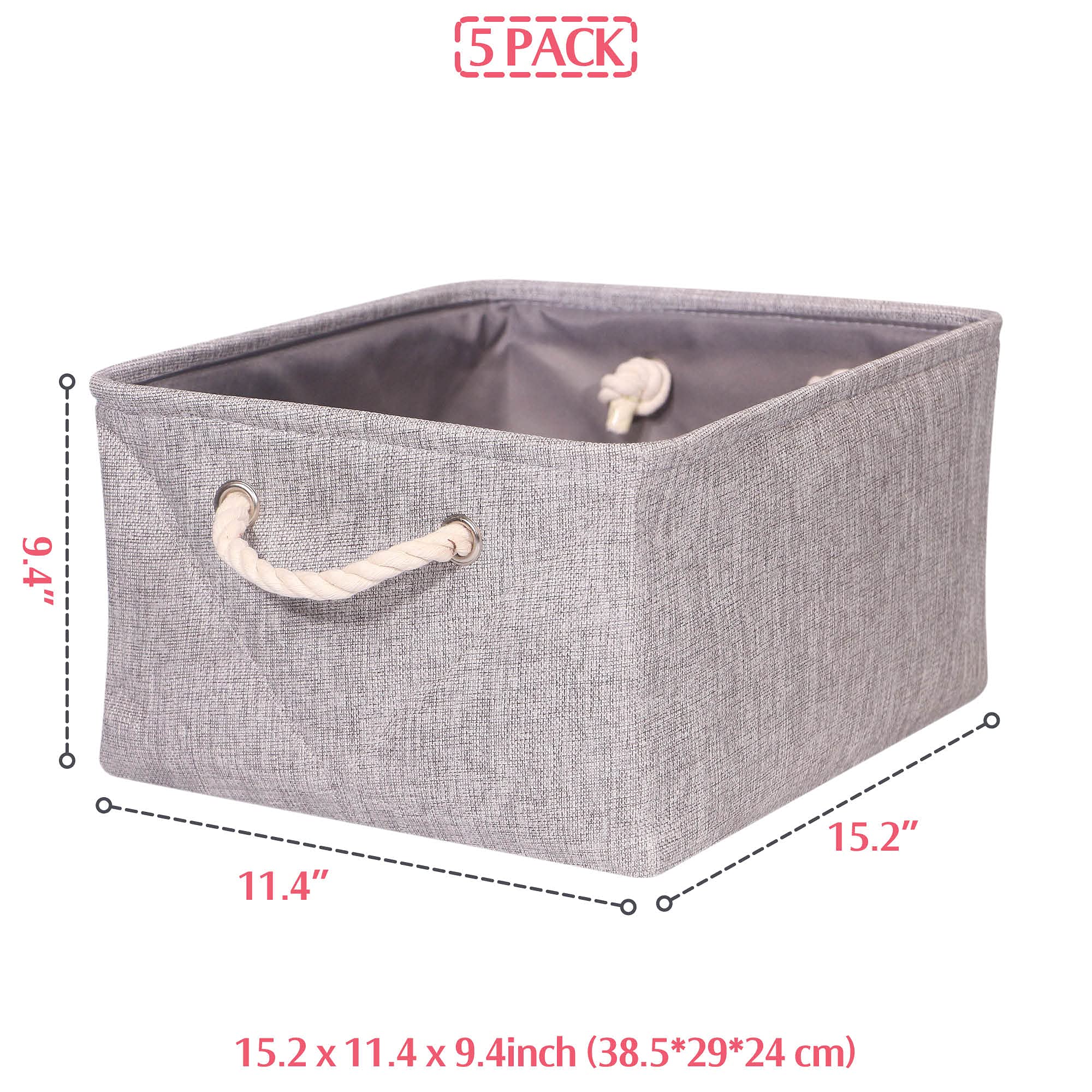 TENABORT 5 Pack Large Storage Basket Bin  Foldable Storage Cube Box Canvas Fabric Collapsible Organizer with Handles for Closet Home Office Clothes Shelf  Grey