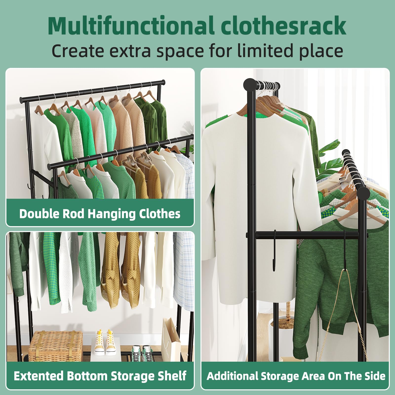 Ekisemio Double Rod Clothing Garment Rack On Wheels, 45 Inches Clothes Rack With Mesh Bottom Shelf For Hanging Clothes, Heavy Du