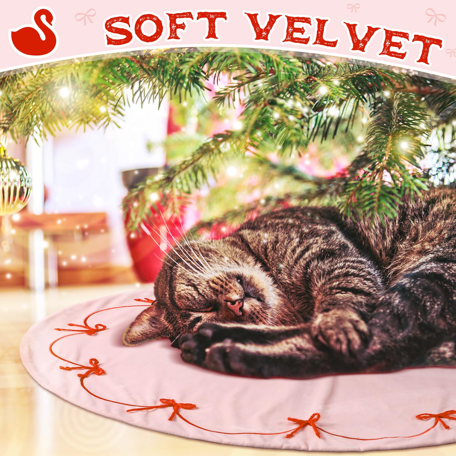 Pink Christmas Tree Skirt, 36 Inch Pink Bows Tree Skirt Velvet Plush Stand Decorations with 3D Red Bows Base Mat Thick Rugs for