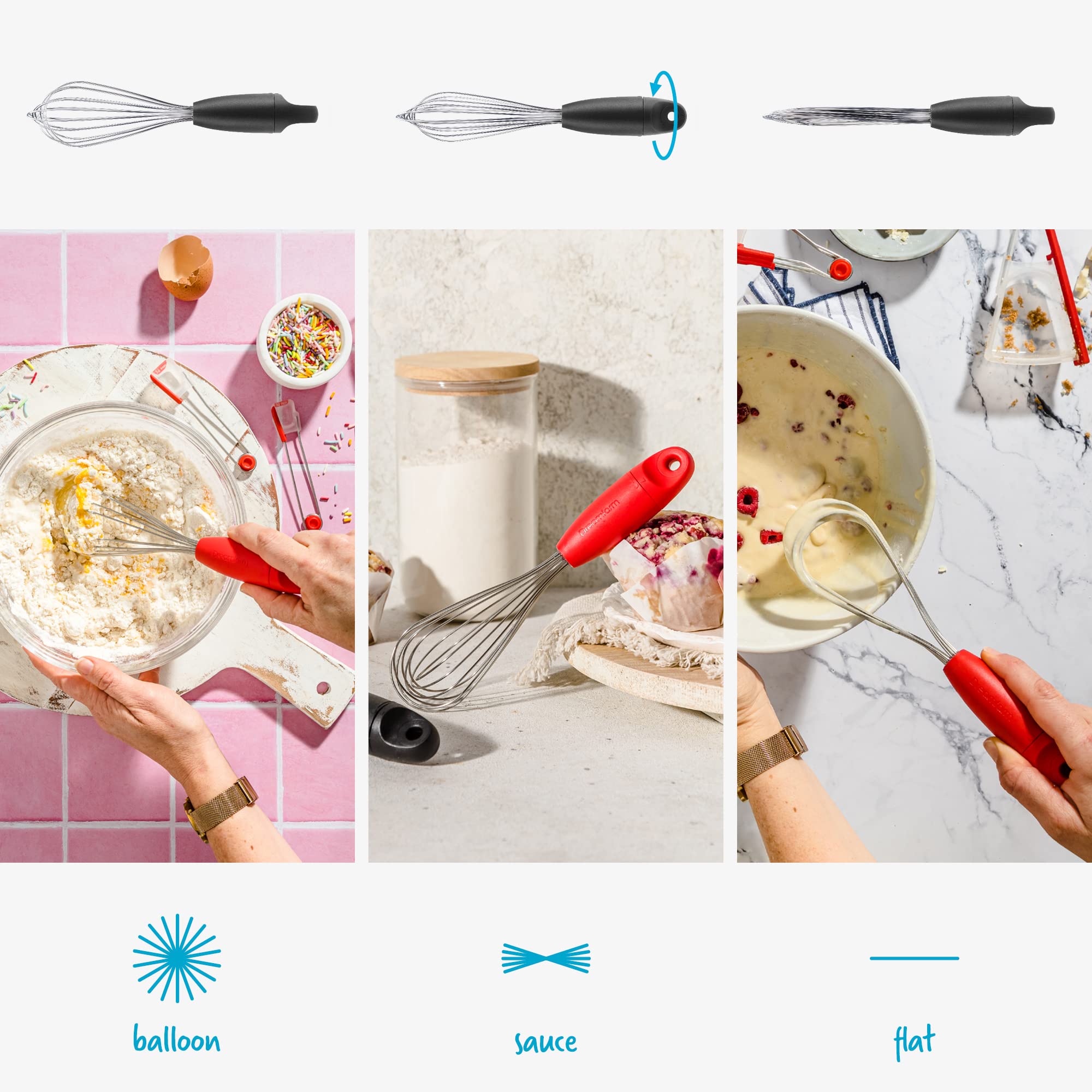 Dreamfarm Mini Flisk | 3 in 1 Stainless Steel Whisk with Ergonomic Handle | Balloon Whisk  Sauce Whisk and Flat Whisk Combined Into One | Space Saving Whisk for Baking  Cooking | Black Mini