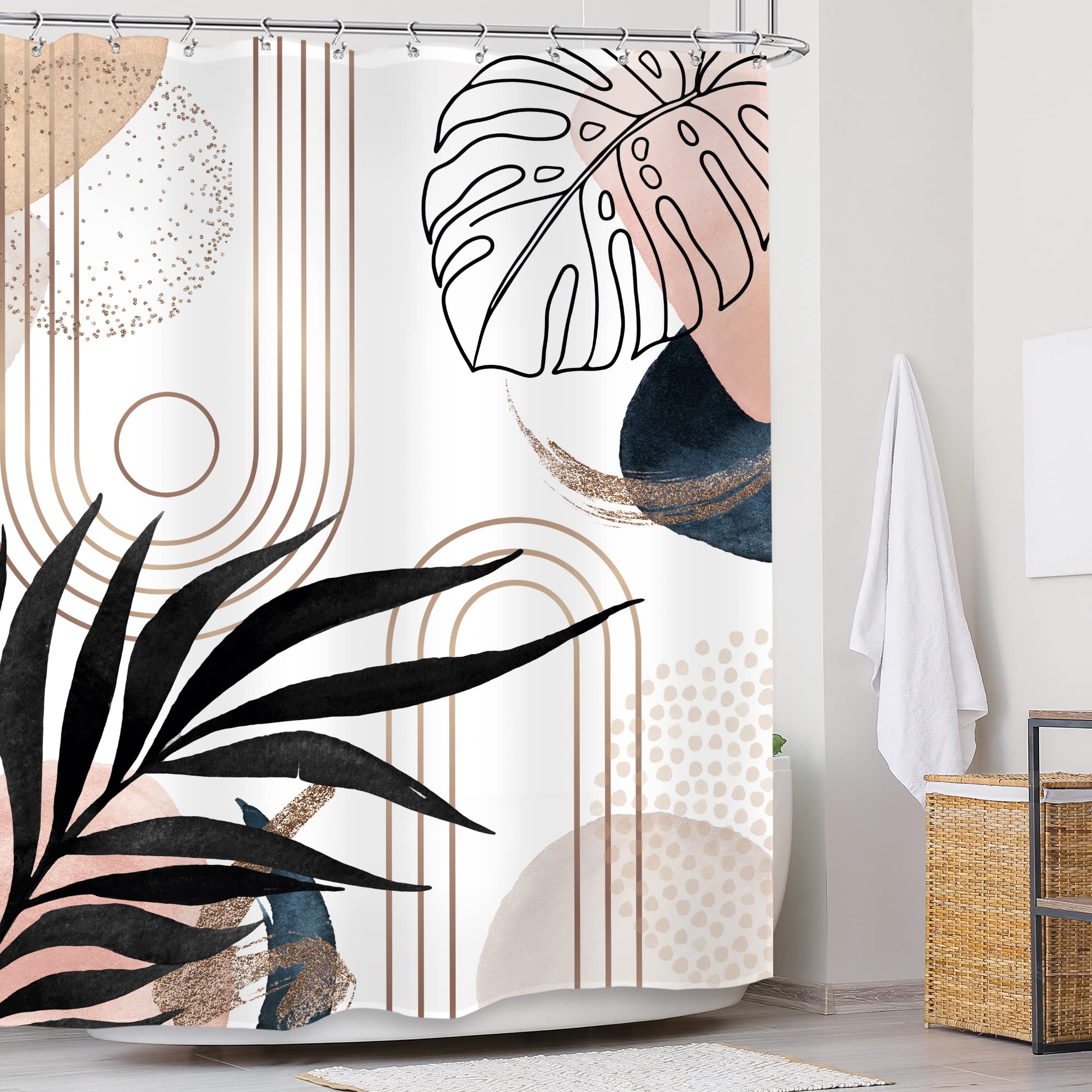 Glawry Abstract Mid Century Shower Curtain 60Wx72L Inches Modern Boho Botanical Geometric Navy Pink Minimalist Bathroom Watercol