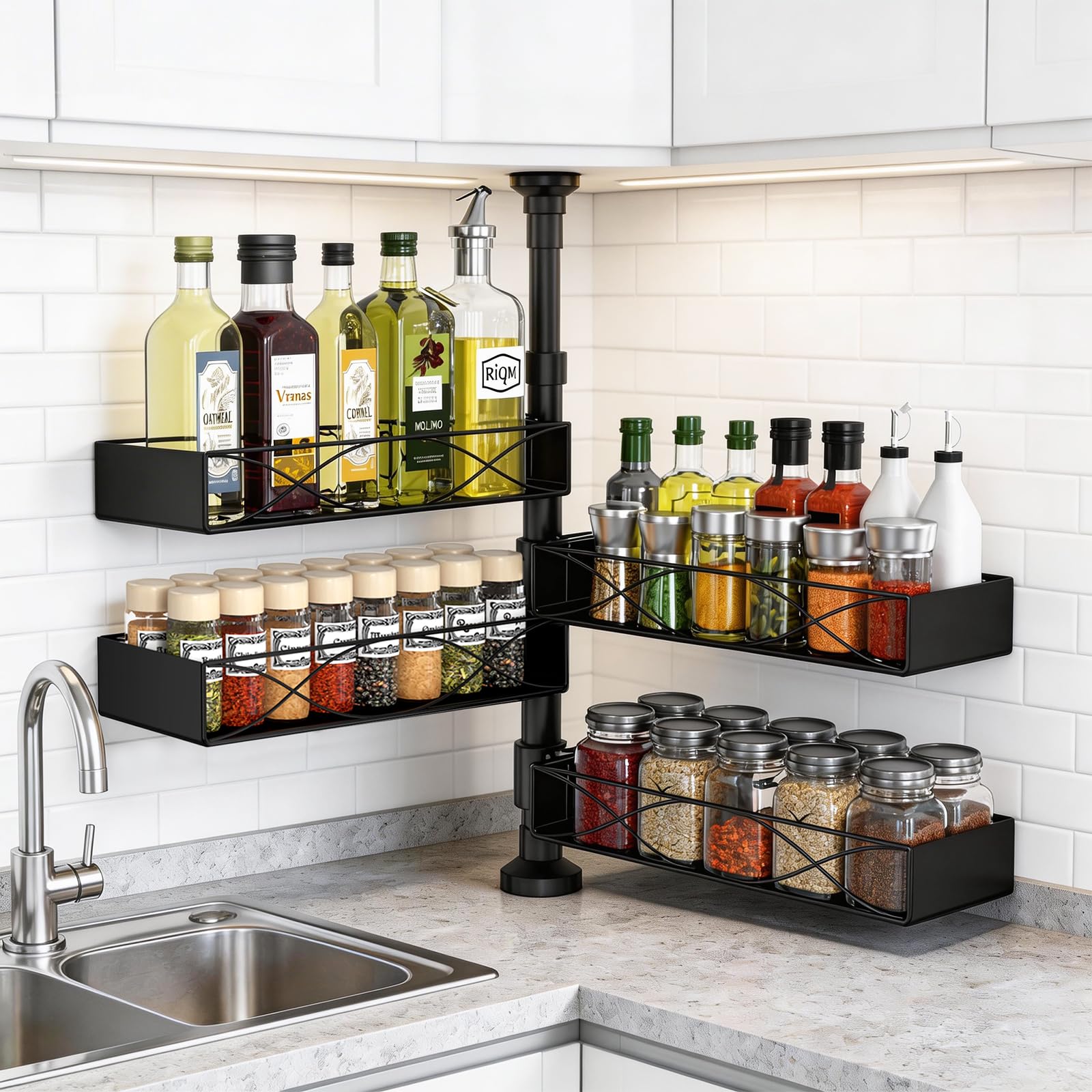 MIXOO Spice Rack Organizer Tension Pole, 4Tier Adjustable Spice Organizer