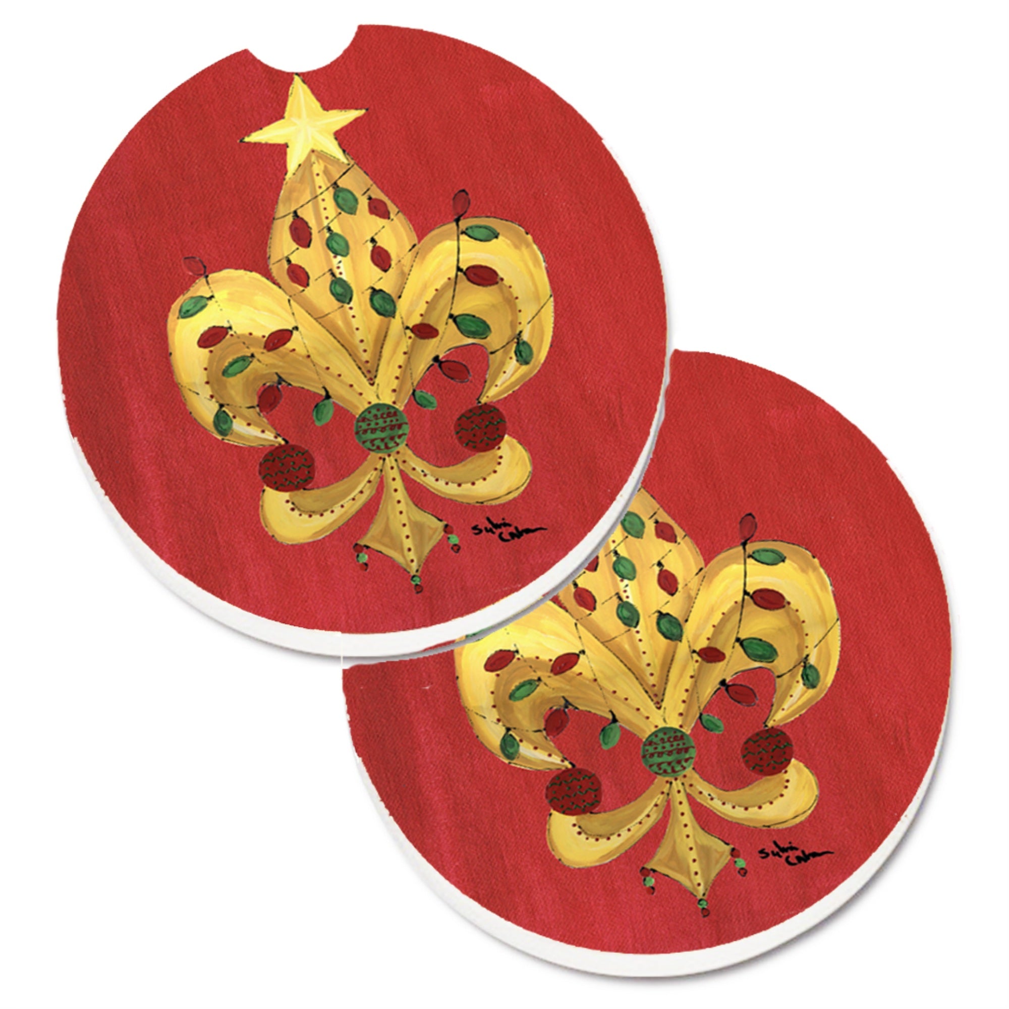 'Caroline'S Treasures Christmas Fleur De Lis Tree With Lights Set Of 2 Cup Holder Car Coasters 8185Carc, 2.56, Multicolor''