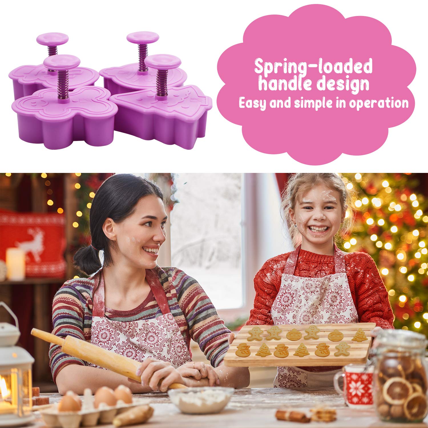 Mini 3D Christmas Cookie Cutters Set  Christmas Holiday Fondant Biscuit Pastry Cookie Cutter Stamp  Xmas Spring-loaded Handle Cutter Shape with Santa  Christmas Tree  Bell  Gingerbread Man (4 PCS)