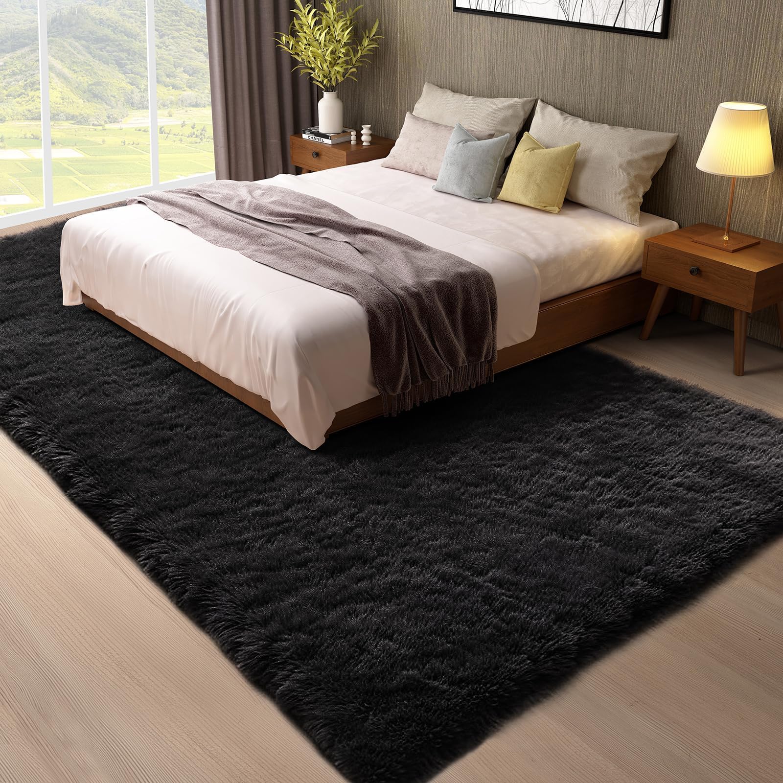 Ophanie 8x10 Black Area Rugs for Living Room, Large Shag Bedroom Carpet, Big Indoor Thick Soft Shaggy Nursery Rug, Fluffy Carpet