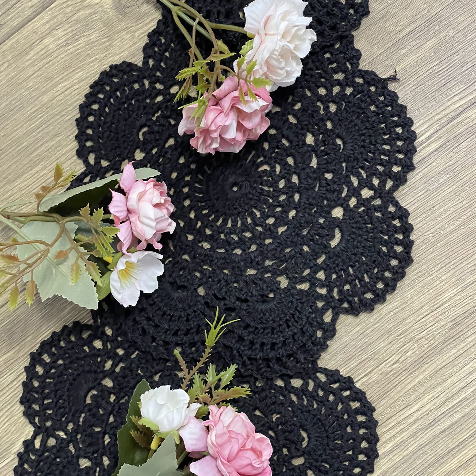 Phantomon 8 Inch Doilies Crochet Round Lace Doily Handmade Placemats 100% Cotton Crocheted Coasters, Pack Of 4 (Black)