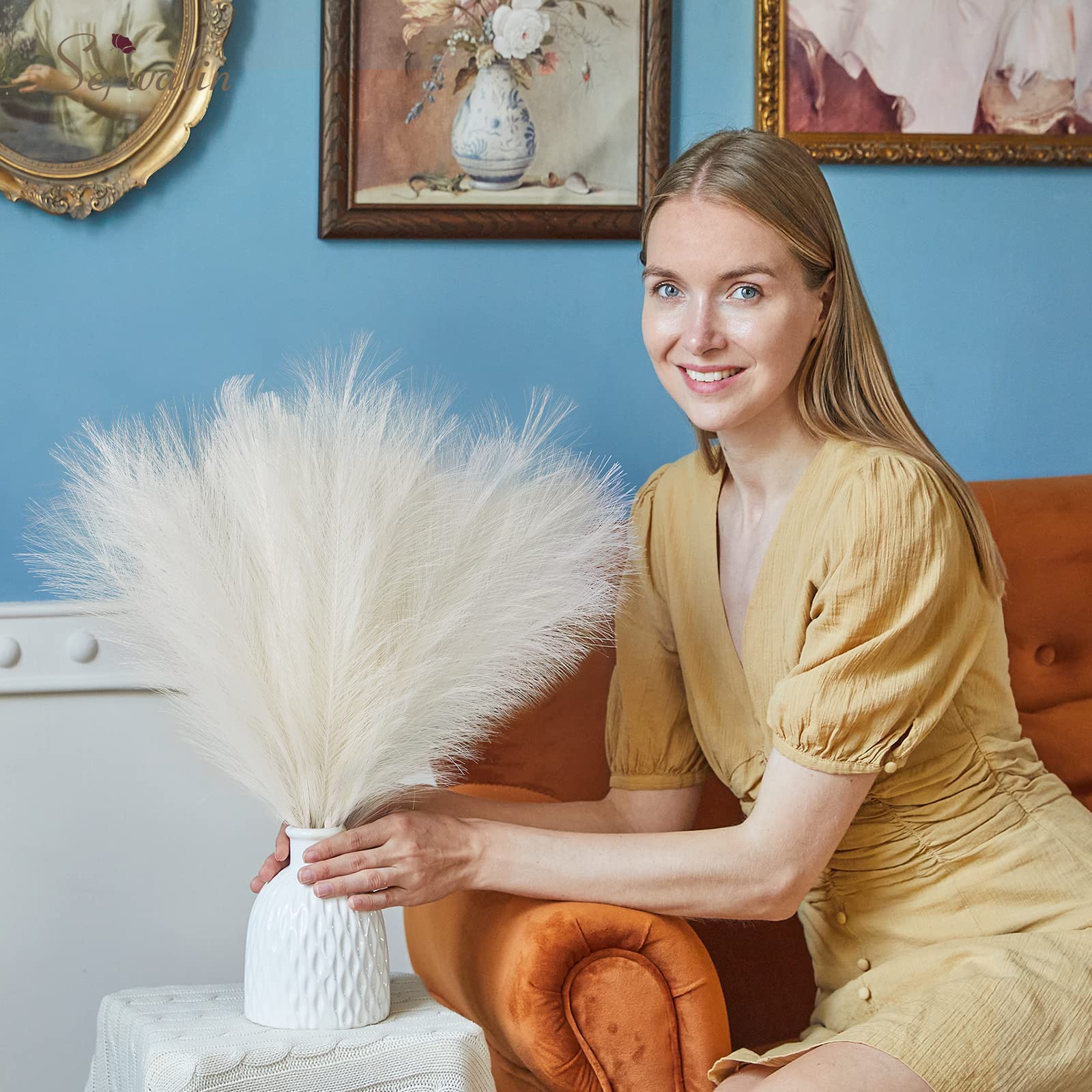 Serwalin Pampas Grass Decor White 17.7 Inch 6pcs Boho Decor, Faux Pampas Grass Living Room Party Home Decor, Natural Small Artif