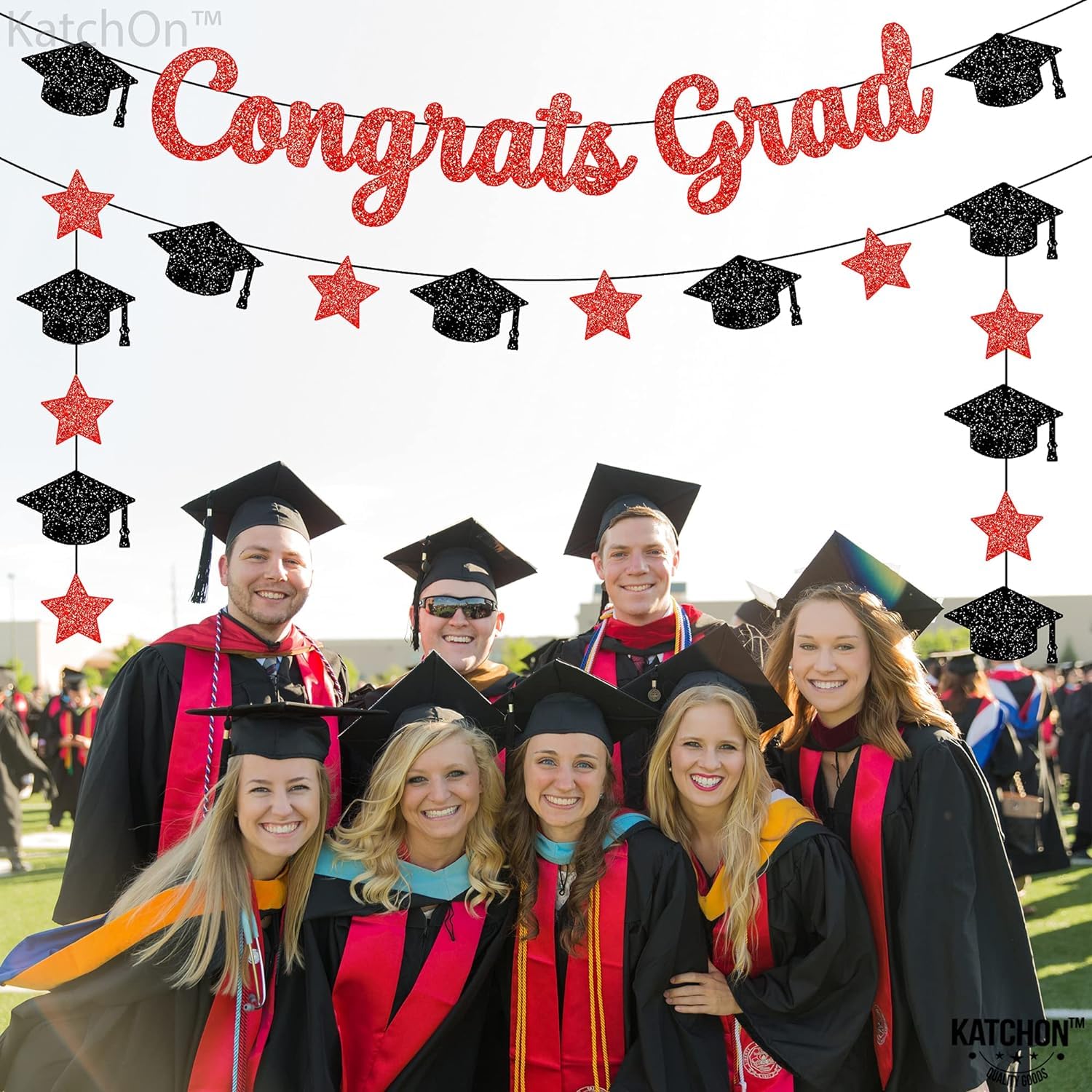 Katchon, Glitter Congrats Grad Banner Red And Black - 10 Feet | Black And Red Graduation Banner, Grad Cap Garland For Graduation