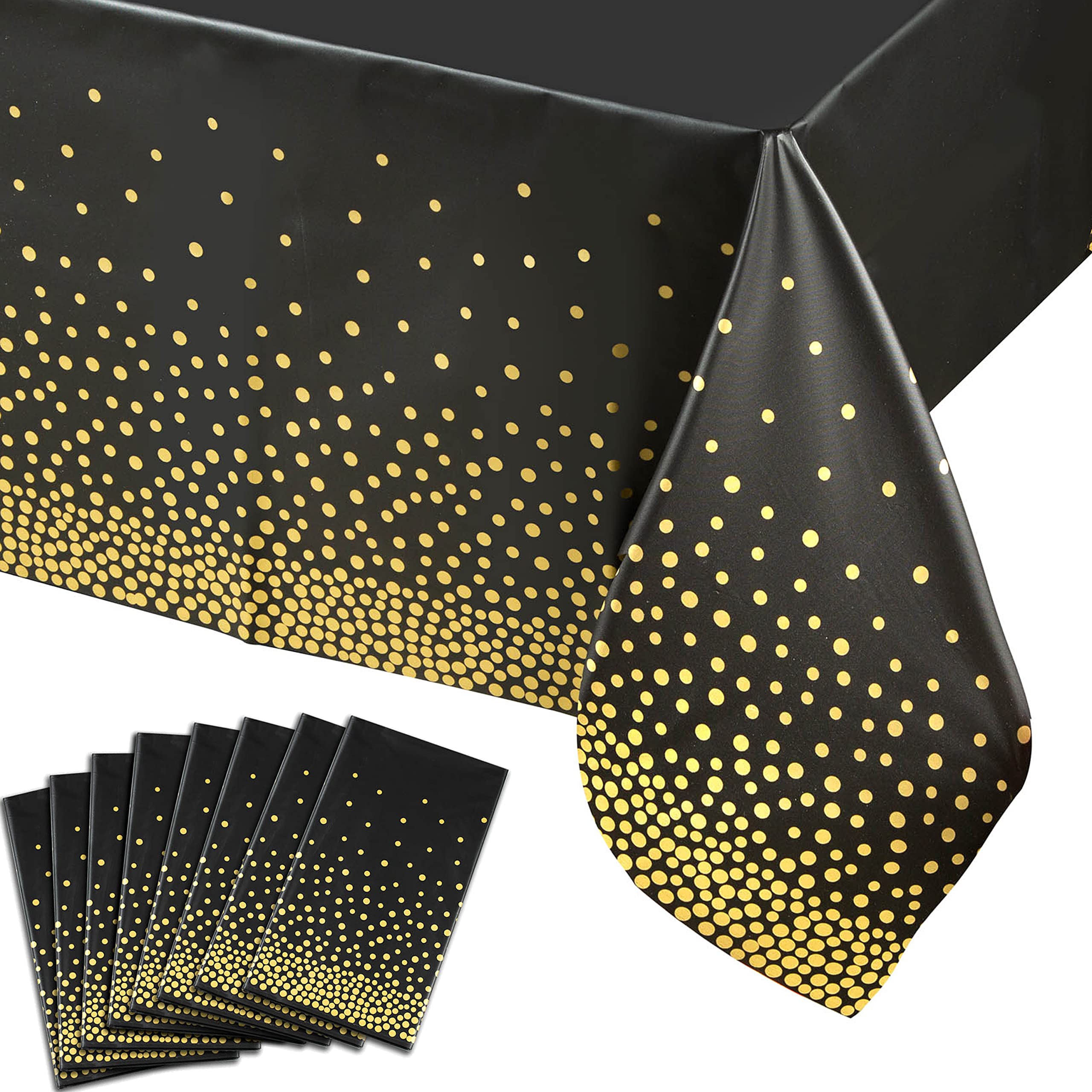 8 Pack Black Plastic Tablecloth - 54 X 108 Plastic Table Cloths For Parties Disposable - Black And Gold Party Decorations Table