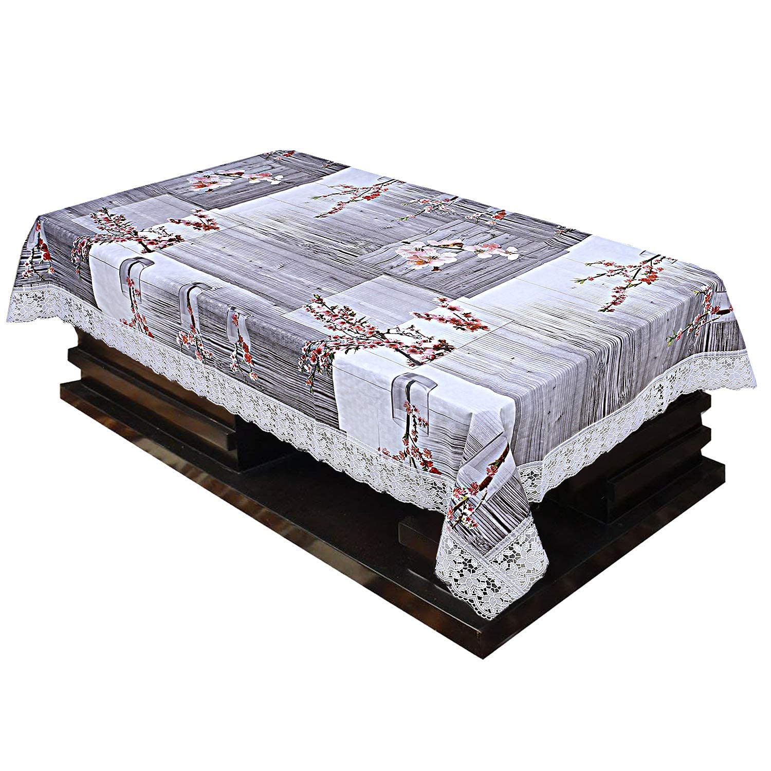 Kuber Industries Floral Checkered Design Pvc 4 Seater Centre Table Cover (Grey) -Ctktc014355