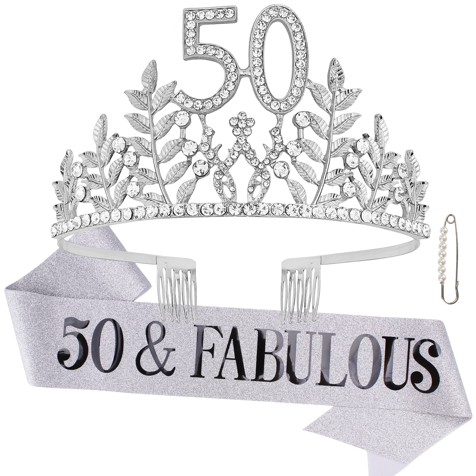 '50 & Fabulous '' Birthday Tiara And Sash Kit- 50Th Birthday Gifts For Women 50Th Birthday Party Supplies (Silver)