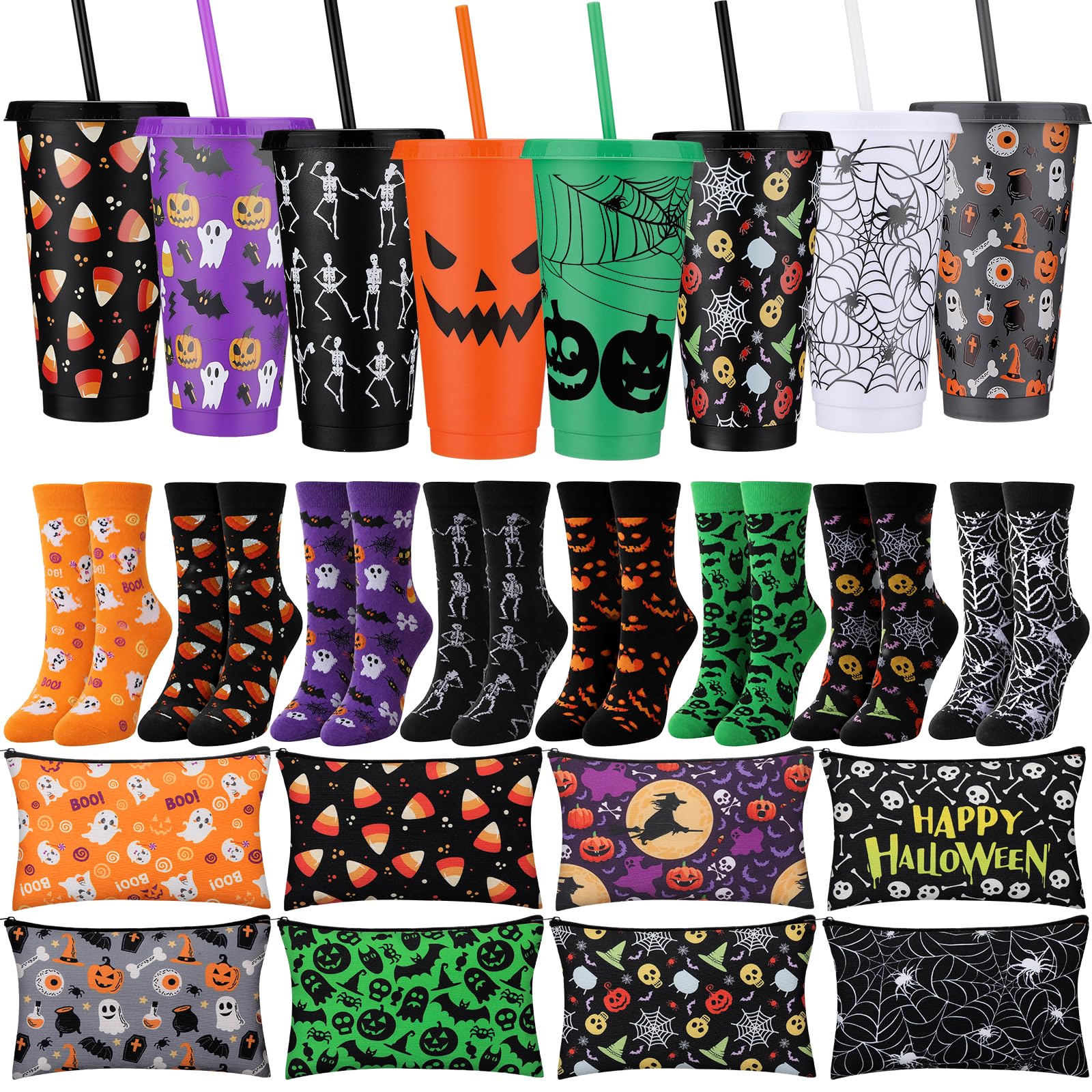 Vesici 24 Pcs Halloween Gifts Bulk for Women, 8 Tumbler Makeup Bag Sock Set