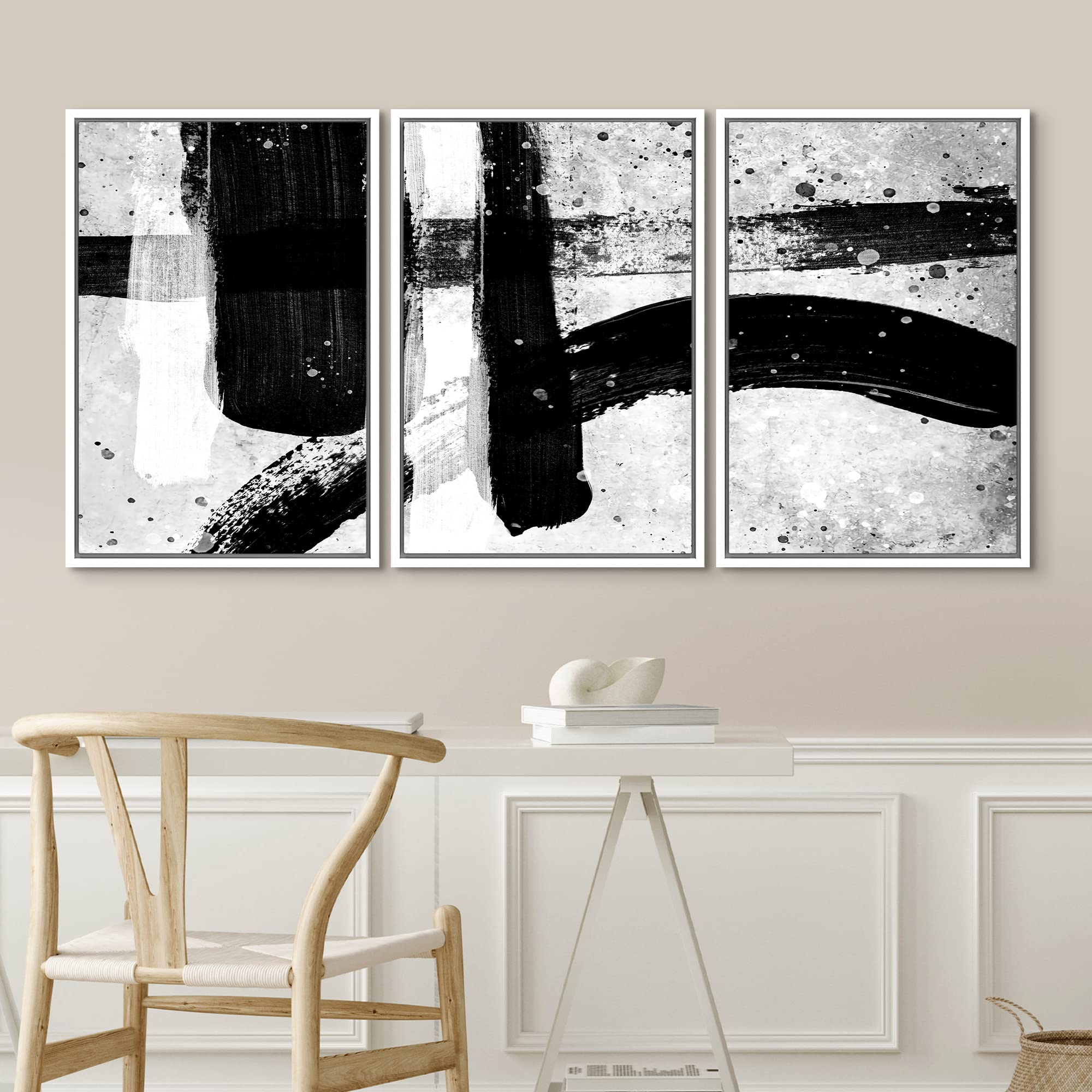 Idea4Wall Framed Wall Art Print Set Paint Dots With Black & White Lines Abstract Shapes Illustrations Modern Art Alternative Sce