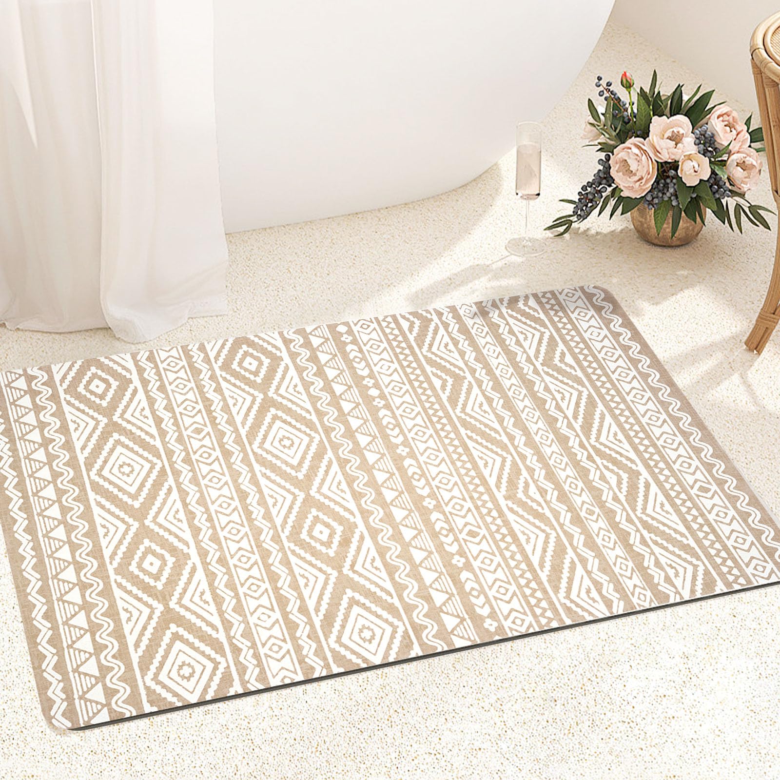 Freshmint Bohemian Bath Mat Soft Boho Bathroom Mat Non-Slip Quick Dry Bath Rugs Thin Washable Shower Floor Mats With Super Water