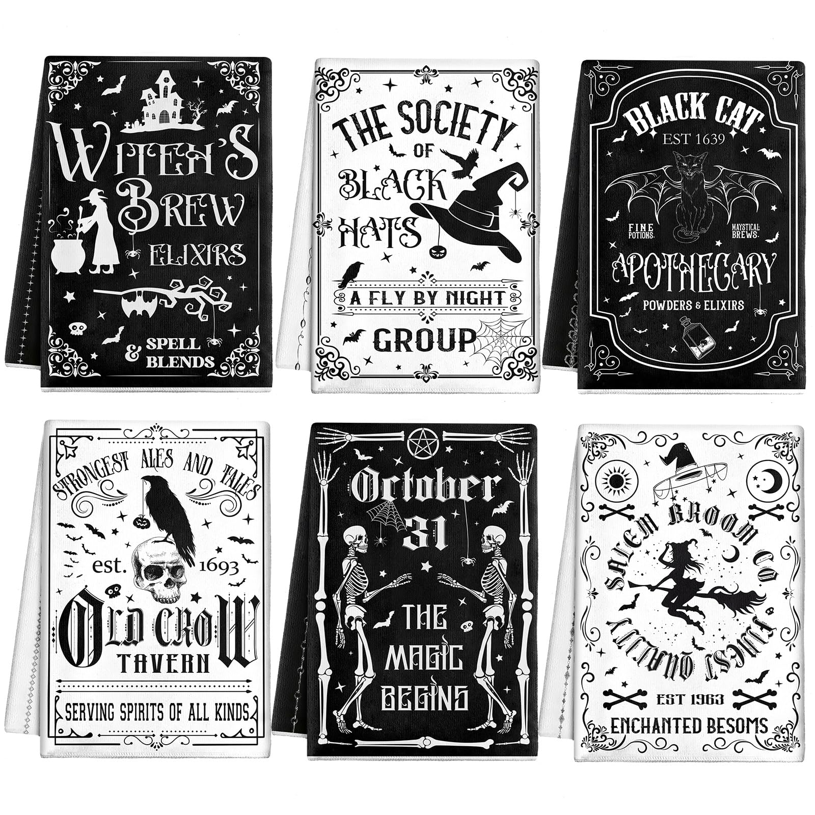 Ganeen 6 Pcs Halloween Kitchen Towels The Undead Gothic Art Dishtowels Set Halloween Skull Tea Skull Gifts Tarot Hand Towels for