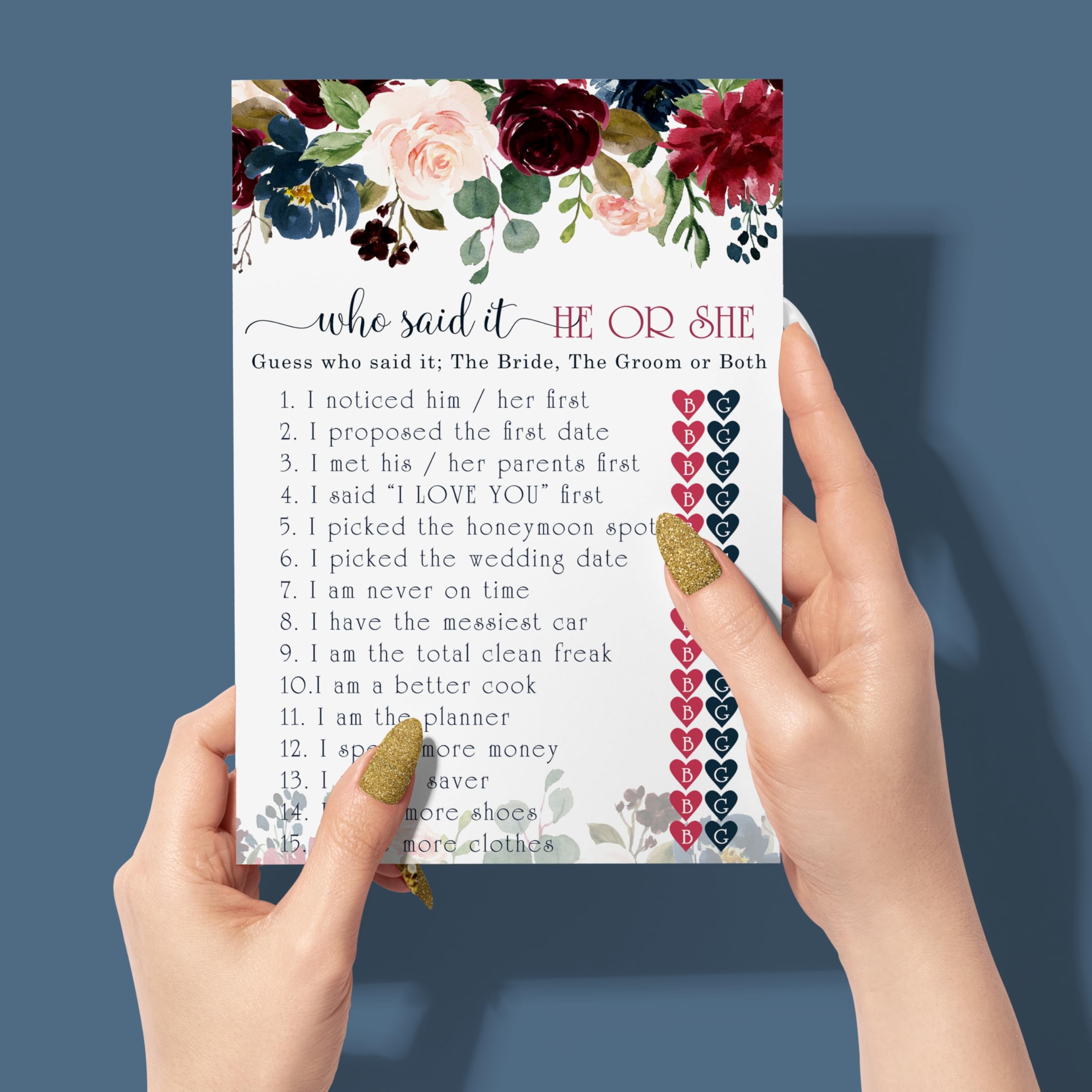 Blue Floral Bridal Shower Games - 25 Cards - He Said She Said - What Did The Bride And Groom Say Guess Who Wedding Activities -