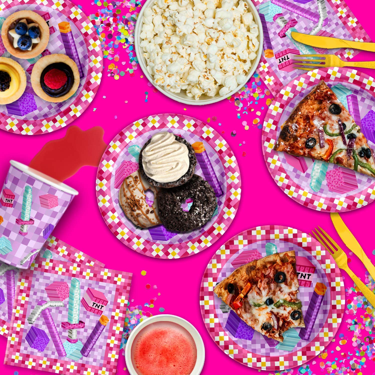 Girl Pixel Mining Birthday Party Supplies Set Plates Napkins Cups Tableware Kit For 16